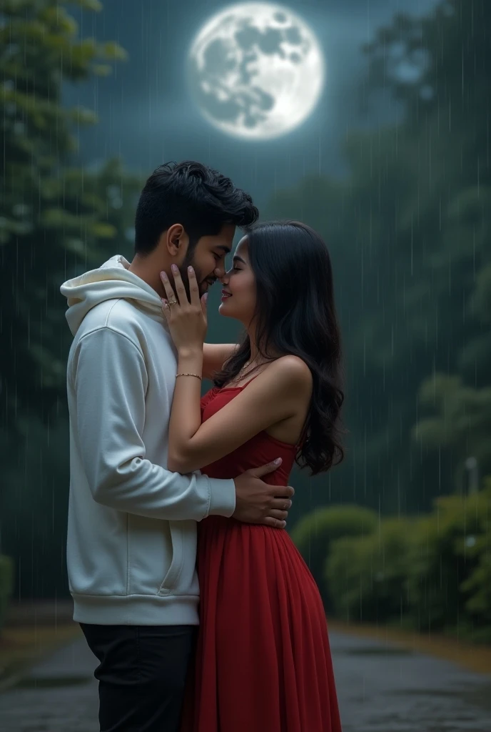 Clue: A 25 year old chubby, beautiful woman with updo hair, wearing a white t-shirt, skirt and flip-flops, biting her lower lip, closing her eyes, furrowing her eyebrows and facing upwards, is being hugged from behind by a 27 year old man. medium shot photo with a realistic style. Rainy, rain-soaked Jakarta sidewalks, with intricate detail, cinematic lighting and sharp focus.