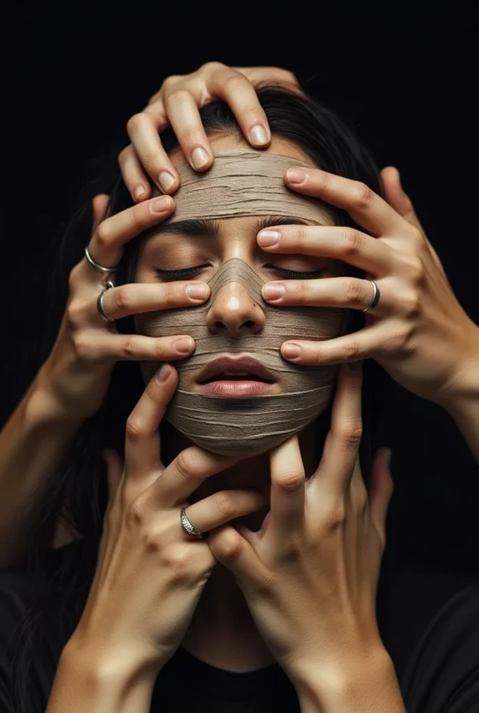 Hands_on_face, a Thai mummy woman, struggling as many dusty hands grip her bandaged face in a dark tomb. (multiple hands on face, covering face)