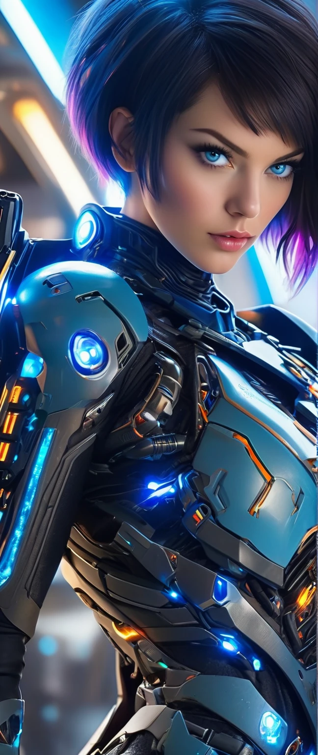 (  best quality, 4K, 8k,        High Resolution       , masterpiece: 1.2), (        very detailed, Realistic, Realistic:1.37),     Woman in futuristic costume    ,           woman wearing exoskeleton cyber armor ,       Women in Bodycon Armor               、((       she has a plasma gun in her hand          )), Full body images, Maximum details,     high quality , 8k,Chest, blue eyes,        High Resolution       , 超       High Resolution       ,   best quality,  (((    bob cut short hair ))),Bob Hair, Big Chest,          photorealistic rendering     ,      beautiful dark-haired woman, blue eyes,    Cyber style woman    , ((Advanced spacecraft interior)), high quality images,Bob Hairー，((  bangs  ))、Beauty、