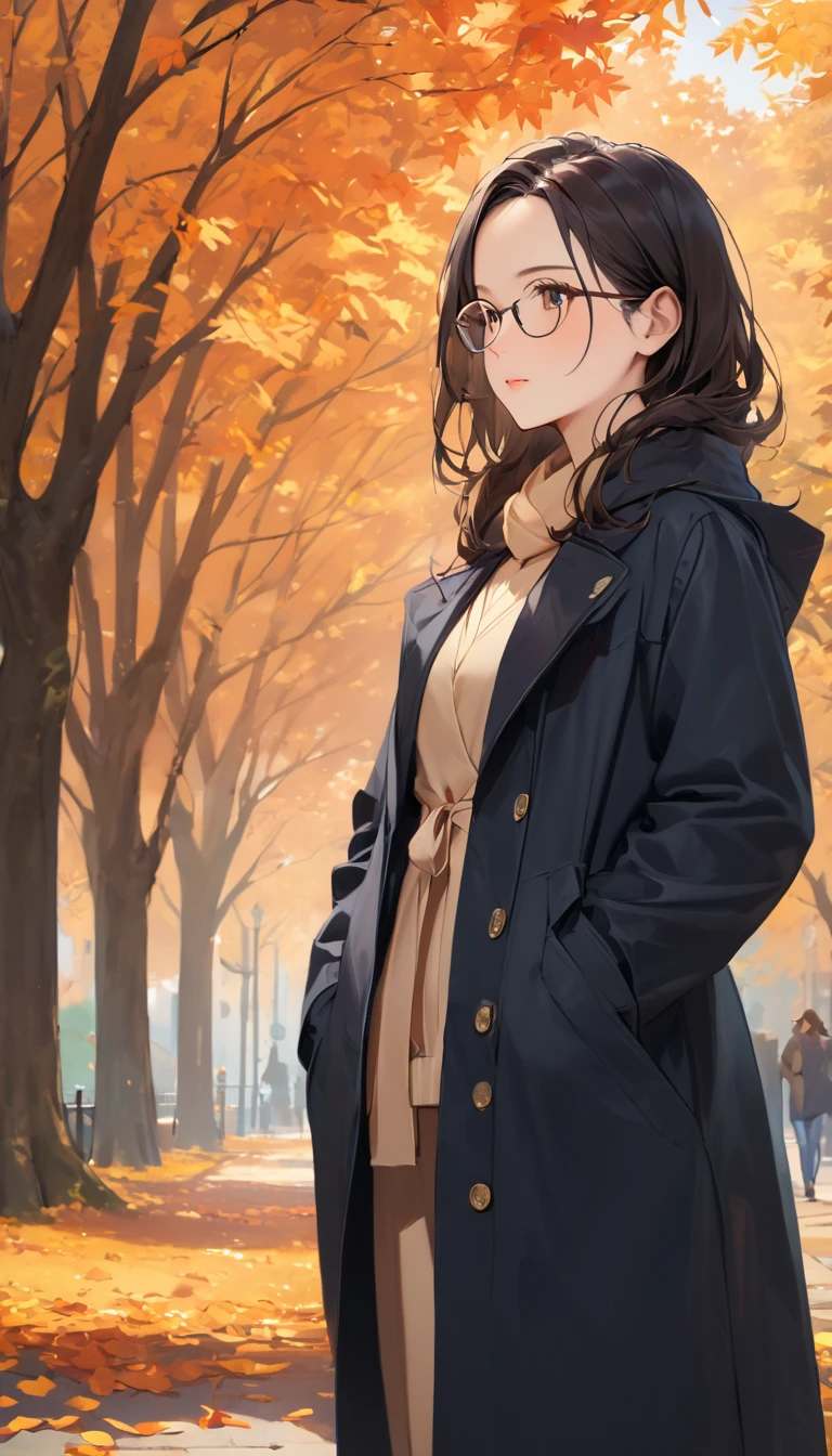 masterpiece, Wearing glasses, Black Hair, forehead,  cowboy shot, The woman stands outside in a park, surrounded by golden and orange autumn leaves, her coat draped over her shoulders. She looks out into the distance with a thoughtful expression, her hands in her pockets. The atmosphere is peaceful yet tinged with a sense of change as the last leaves fall from the trees.