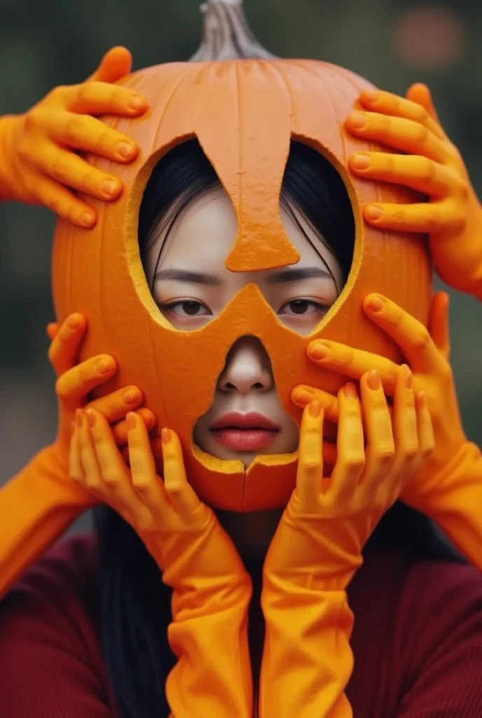 Hands_on_face, a Chinese jack-o-lantern-headed woman, orange hands crawling over her pumpkin face in a creepy pumpkin patch. (multiple hands on face, covering face)