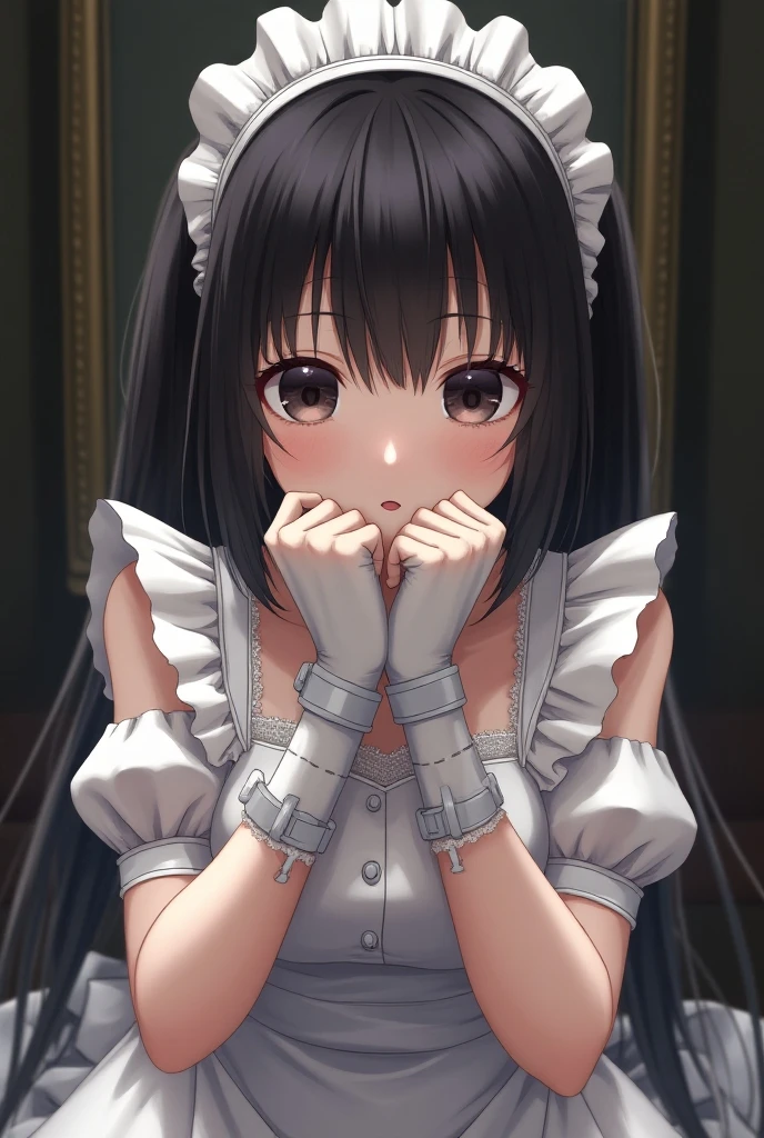 (score_9, score_8_up, score_7_up), cute anime pixel art, 1girl, VirtuosaBase, black eyes, long hair, hime cut, maid outfit, long sleeves, black gloves, hand on hip, maid headdress, energy wings, looking at viewer, upper body, above view, hands on chest, small breasts, neutral, calm, closed mouth, portrait, 