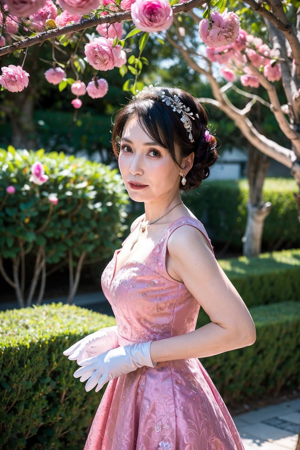 ((Masterpiece)), ((Best Quality)), A middle-aged short-hair woman, ((She is wearing an ornamental light magenta wedding dress)), She is in a garden, she is wearing a necklace, She is wearing white gloves on her hands, from side, black eyes