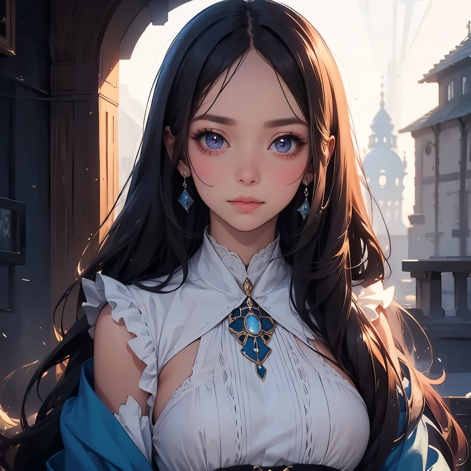 A slender woman with long, flowing black hair, standing at 160 cm tall, weighing 45 kg, with a petite chest. Her eyes are a soft, pale blue, giving her a mysterious and ethereal aura. She is depicted in a dreamlike, surreal setting with ethereal lighting. Her delicate features are finely detailed, and her expression is serene. The colors are soft, blending blues, purples, and silvery tones to enhance the fantastical atmosphere. The image is rendered in ultra-high quality, capturing every fine detail with stunning clarity