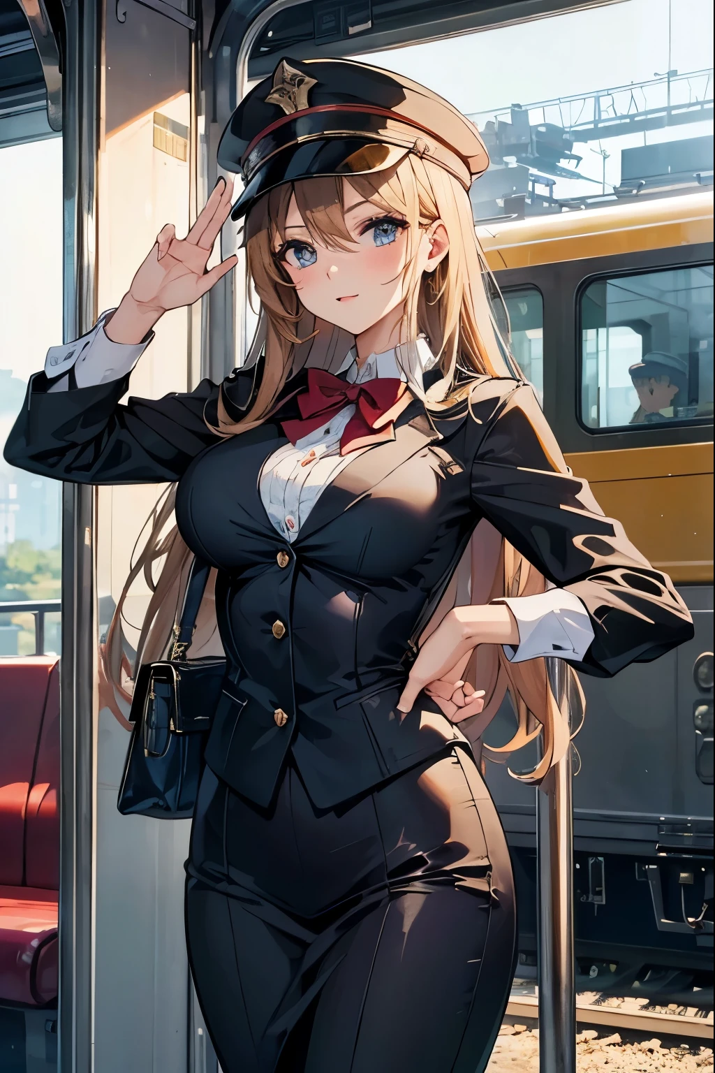 Miku Nakano, miku nakano, Long Hair, bangs, blue eyes, Brown Hair, shirt, Hair between the eyes, , Headphones around neck,Police hat,smile,blush,Open your mouth,Sexy police uniform,Black Pencil Skirt,Black pantyhose,Stiletto heels,The girl salutes with her left hand,Place your right hand on your hip,look up,sunrise,morning,sun,whole bodyがイラストに入るように,
break outdoors, city,Building district,
break looking at viewer, whole body,
break (masterpiece:1.2), Highest quality, High resolution, unity 8k wallpaper, (shape:0.8), (Fine and beautiful eyes:1.6), Highly detailed face, Perfect lighting, Highly detailed CG, (Perfect hands, Perfect Anatomy),
