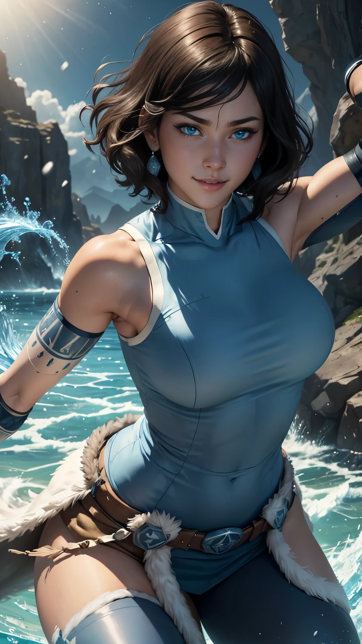 Korra da avatar,(best quality, 4K,8k,high resolution,work of art:1.2)(weather: snowing), tundra background, water tribe, wide hips, short curly hair, brown hair, freckles, sleeveless top, fur belt, leggings, fur boots, elbow long gloves, earrings, light makeup, dark eyeshadow, blush, victory pose, glowing tattoos, ultra detailed,portrait,realistic,beautiful detailed blue eyes, beautiful detailed lips,extremely detailed eye and face, long eyelashes,average, large breasts,flying hair,beaming smile, sexy smile, powerful girl, bright coloured, dramatic lighting, water bending,