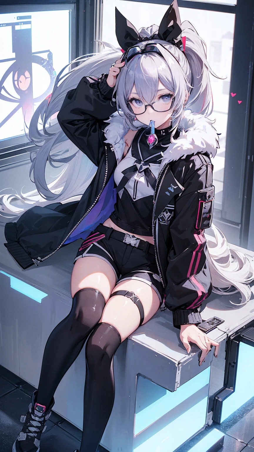  1 girl, Silver Wolf \(Honkai: Star Rail\), Honkai \(series\), black  shorts , Blowing bubbles, Chewing gum, Cross Buns, Drill Hair,  drill ponytail ,  earrings,  Eyewear, Microcosm , fur-trimmed  jacket, Fur trim, goggles, Grey Hair, hair ribbon,  high ponytail , hologram,  jacket,  jewelry , Planet, ribbon,  shorts , Single Drill, Sitting, Alone,  thigh strap, tinted glasses, ( best quality:1.2), ( Is Extremely Beautiful :1.2), (Absurd:1.2), (safe:1.2), (  detail background ), maximum detailed eye, up to date,  complicated details, employment. repair,Beautiful Face,Special_eye,hologrameffect,Add XL,perfecteye