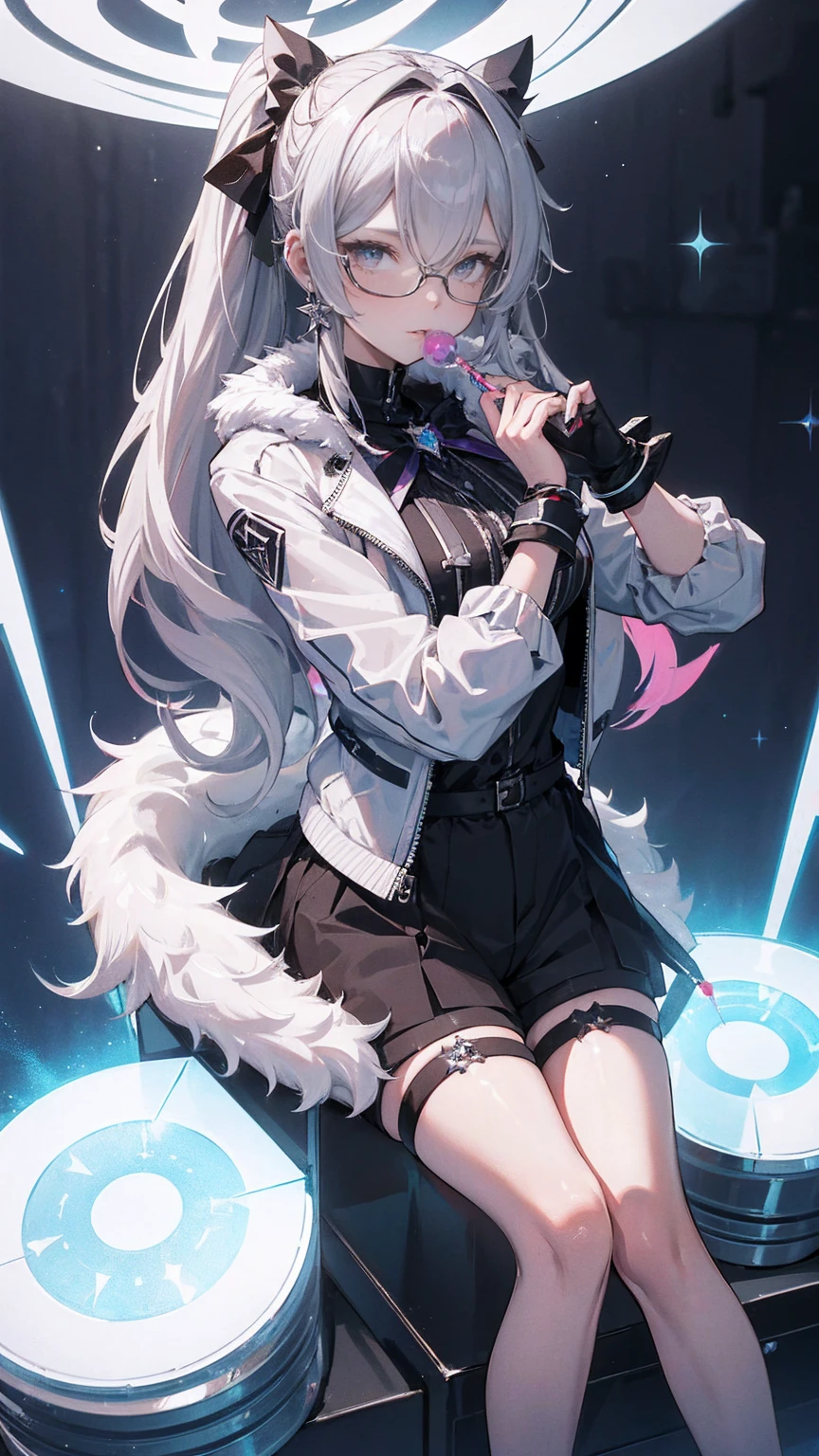  1 girl, Silver Wolf \(Honkai: Star Rail\), Honkai \(series\), black  shorts , Blowing bubbles, Chewing gum, Cross Buns, Drill Hair,  drill ponytail ,  earrings,  Eyewear, Microcosm , fur-trimmed  jacket, Fur trim, goggles, Grey Hair, hair ribbon,  high ponytail , hologram,  jacket,  jewelry , Planet, ribbon,  shorts , Single Drill, Sitting, Alone,  thigh strap, tinted glasses, ( best quality:1.2), ( Is Extremely Beautiful :1.2), (Absurd:1.2), (safe:1.2), (  detail background ), maximum detailed eye, up to date,  complicated details, employment. repair,Beautiful Face,Special_eye,hologrameffect,Add XL,perfecteye