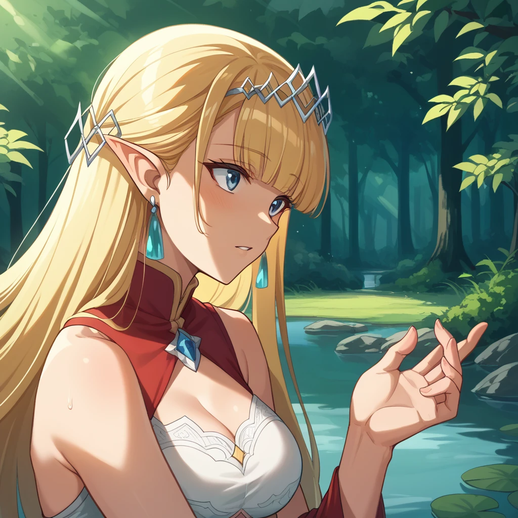 Seras、One of the Elves, Blonde, Long Hair, blue eyes, Forest Lake、Her hair shimmers in the sunlight, creating a magical atmosphere、Forest Lakeの中の岩の上、sit、barefoot、break masterpiece、Beautiful attention to detail:1.2, Perfect lighting, (perfect hand, perfect anatomy)