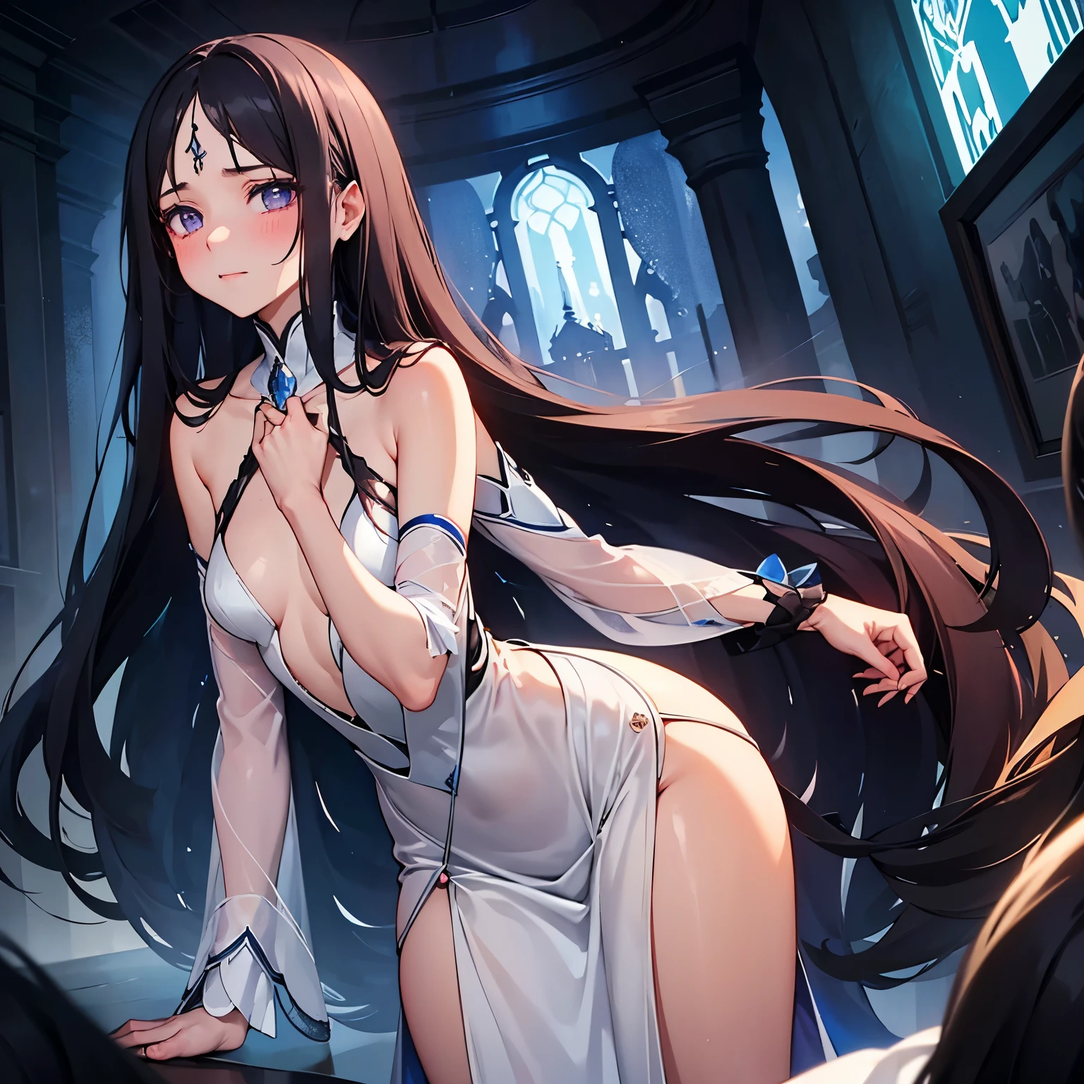 A slender woman with long, flowing black hair, standing at 160 cm tall, weighing 45 kg, with a petite chest. Her eyes are a soft, pale blue, giving her a mysterious and ethereal aura. She is depicted in a dreamlike, surreal setting with ethereal lighting. Her delicate features are finely detailed, and her expression is serene. The colors are soft, blending blues, purples, and silvery tones to enhance the fantastical atmosphere. The image is rendered in ultra-high quality, capturing every fine detail with stunning clarity