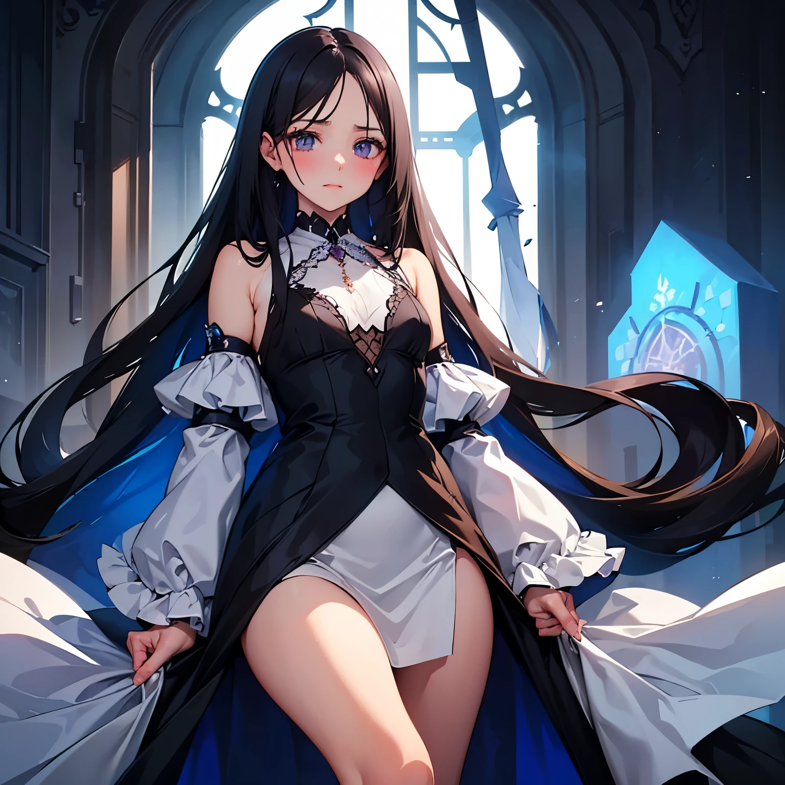 A slender woman with long, flowing black hair, standing at 160 cm tall, weighing 45 kg, with a petite chest. Her eyes are a soft, pale blue, giving her a mysterious and ethereal aura. She is depicted in a dreamlike, surreal setting with ethereal lighting. Her delicate features are finely detailed, and her expression is serene. The colors are soft, blending blues, purples, and silvery tones to enhance the fantastical atmosphere. The image is rendered in ultra-high quality, capturing every fine detail with stunning clarity