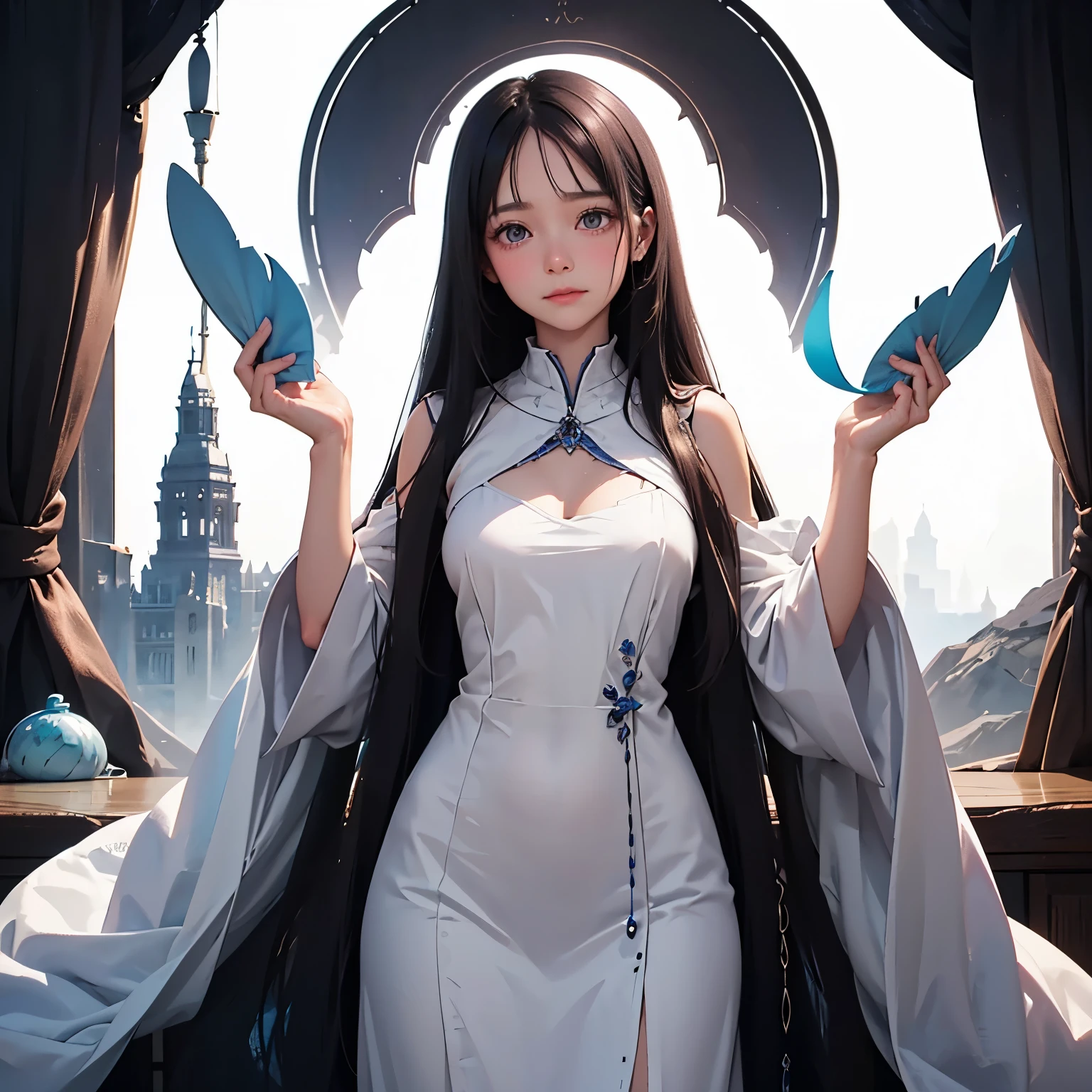 A slender woman with long, flowing black hair, standing at 160 cm tall, weighing 45 kg, with a petite chest. Her eyes are a soft, pale blue, giving her a mysterious and ethereal aura. She is depicted in a dreamlike, surreal setting with ethereal lighting. Her delicate features are finely detailed, and her expression is serene. The colors are soft, blending blues, purples, and silvery tones to enhance the fantastical atmosphere. The image is rendered in ultra-high quality, capturing every fine detail with stunning clarity