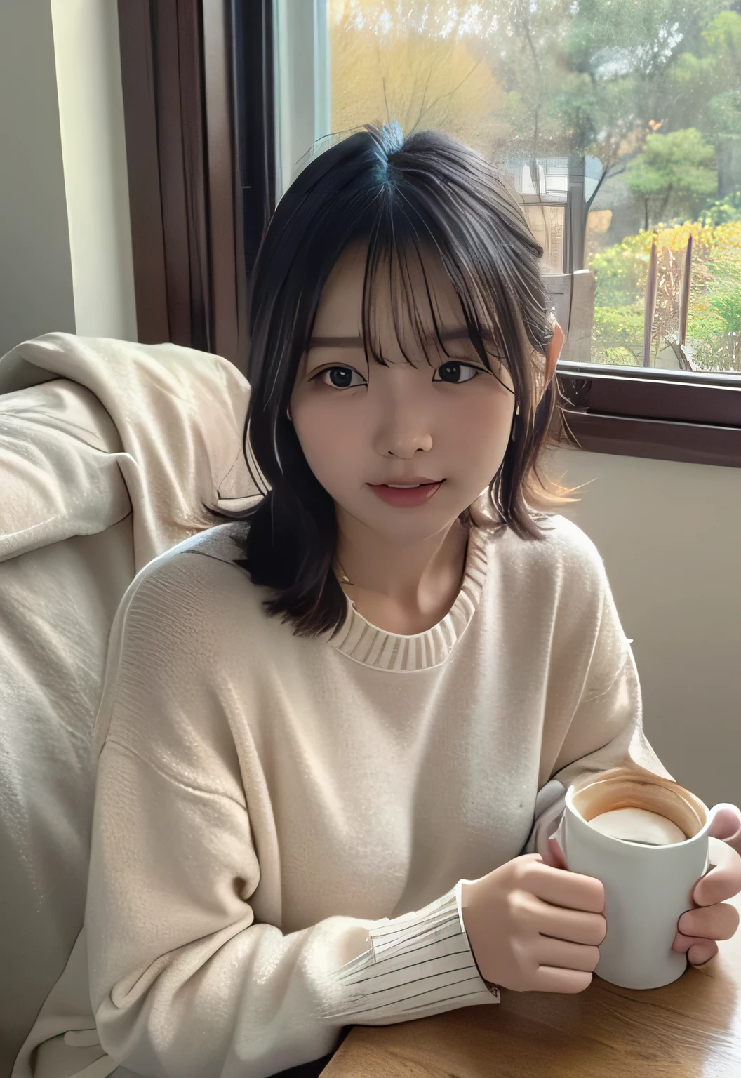 A softly lit, intimate photo of a cozy morning scene. A young woman, with delicate features, is sitting at a small table near a window, holding a cup of coffee. She is wearing an oversized, comfortable sweater, with soft, pastel tones. The natural light streaming through the window casts a warm, gentle glow, highlighting the serene, peaceful atmosphere. The image conveys warmth and tranquility, with soft textures and muted colors, emphasizing the calm and intimate feeling of the moment.