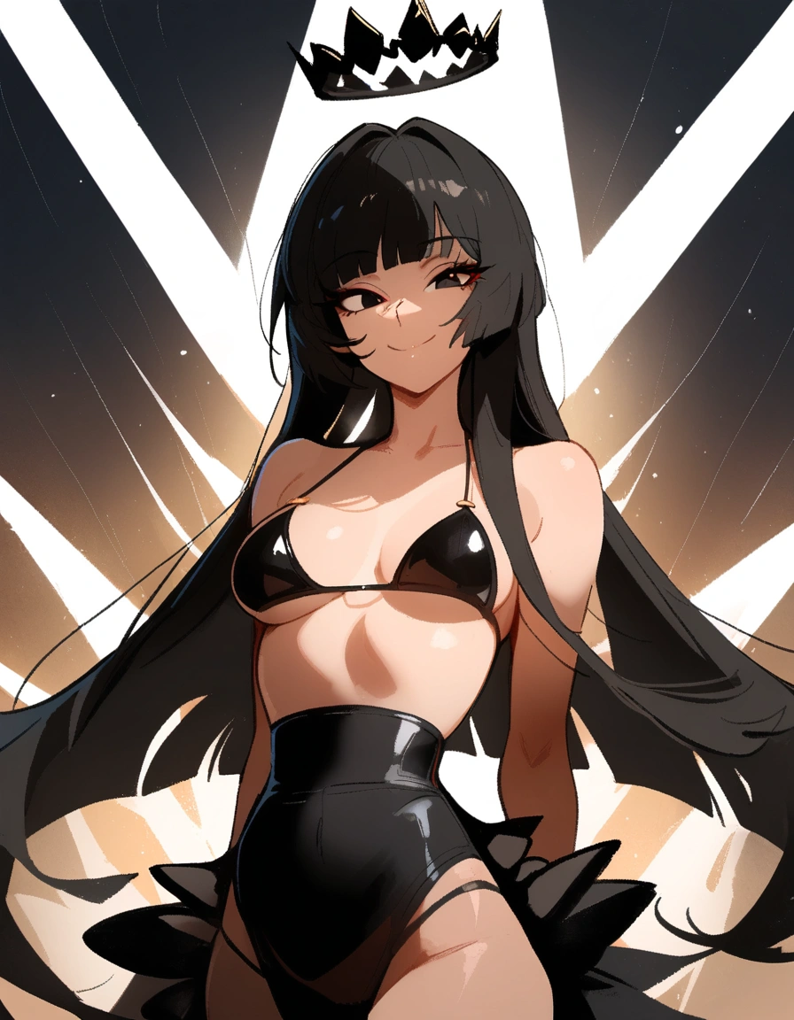 1girl, virtuosa \(arknights\), arknights
 \\\\\ masterpiece, best quality, newest ///// nyantcha, khyle, \\\\\ thin waist, thin, skinny, solo, looking at viewer, naughty face, black eyes, bikini,,, solo, day, flying crown