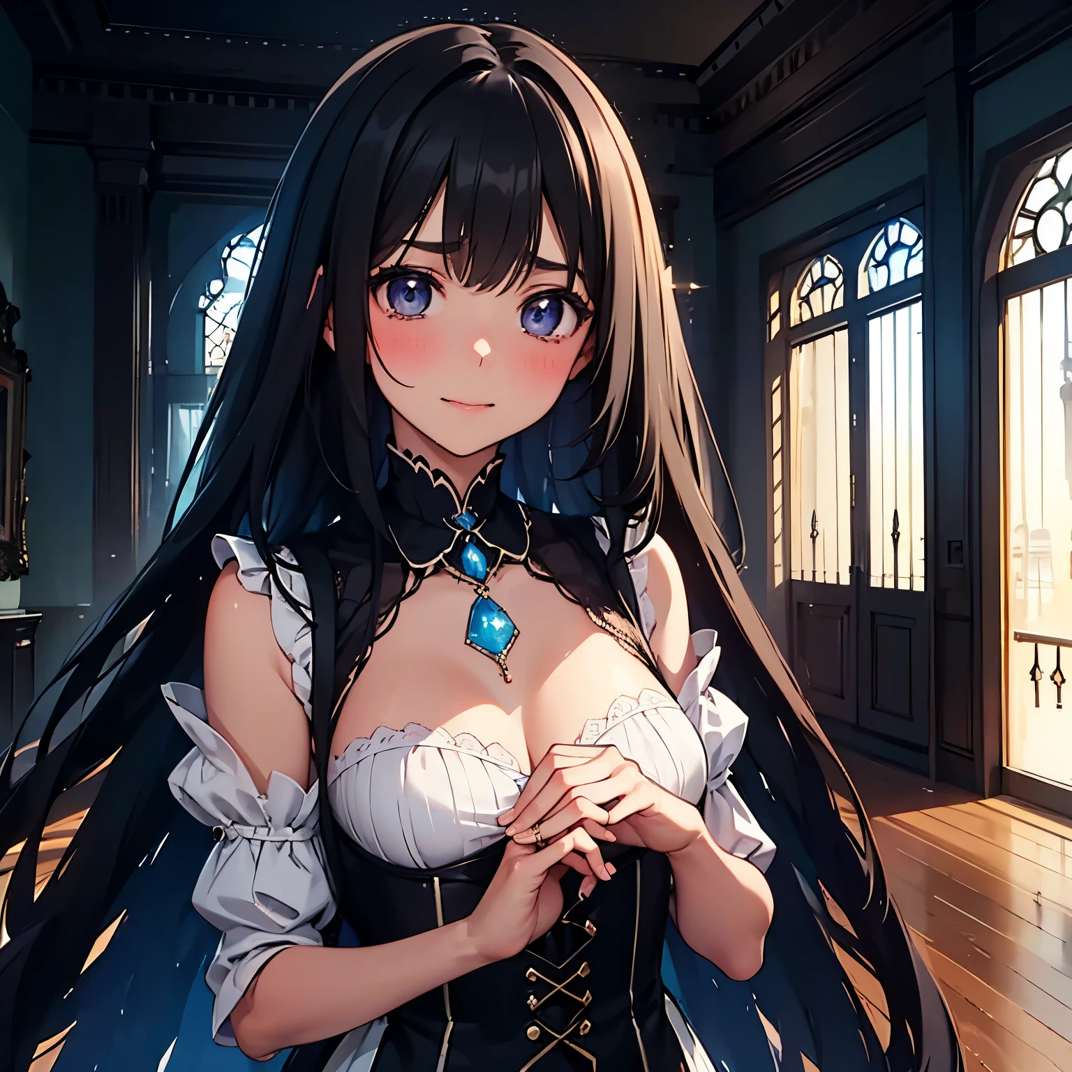 A slender woman with long, flowing black hair, standing at 160 cm tall, weighing 45 kg, with a petite chest. Her eyes are a soft, pale blue, giving her a mysterious and ethereal aura. She is depicted in a dreamlike, surreal setting with ethereal lighting. Her delicate features are finely detailed, and her expression is serene. The colors are soft, blending blues, purples, and silvery tones to enhance the fantastical atmosphere. The image is rendered in ultra-high quality, capturing every fine detail with stunning clarity