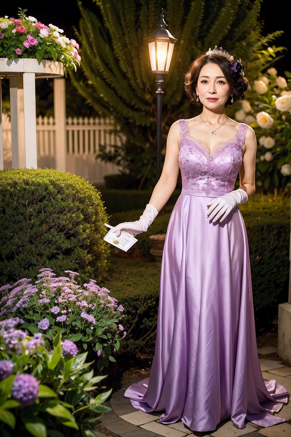 ((Masterpiece)), ((Best Quality)), A middle-aged short-hair woman, ((She is wearing an ornamental light purple wedding dress)), She is in a garden, she is wearing a necklace, She is wearing white gloves on her hands, from side, black eyes