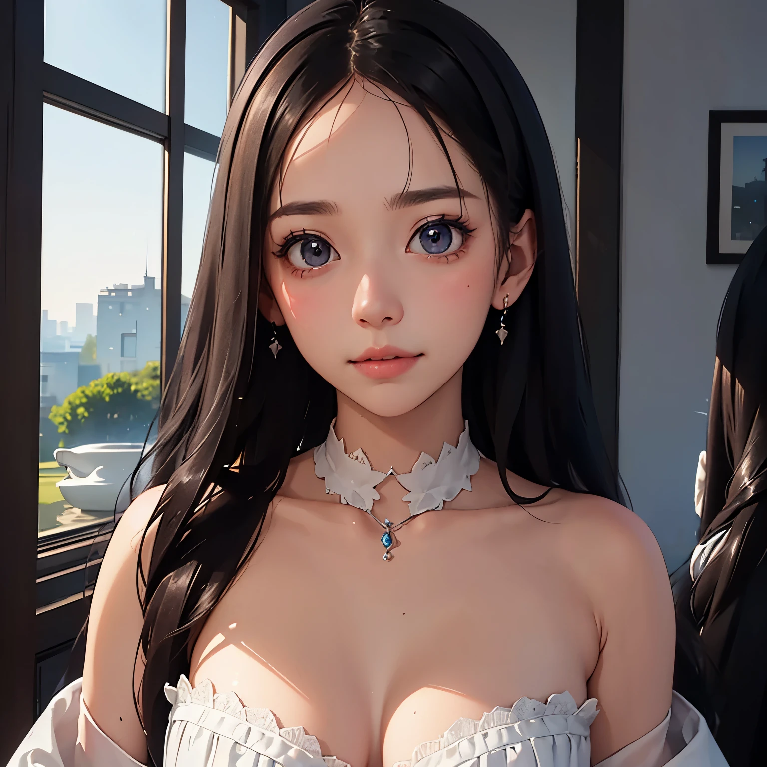 A slender woman with long, flowing black hair, standing at 160 cm tall, weighing 45 kg, with a petite chest. Her eyes are a soft, pale blue, giving her a mysterious and ethereal aura. She is depicted in a dreamlike, surreal setting with ethereal lighting. Her delicate features are finely detailed, and her expression is serene. The colors are soft, blending blues, purples, and silvery tones to enhance the fantastical atmosphere. The image is rendered in ultra-high quality, capturing every fine detail with stunning clarity