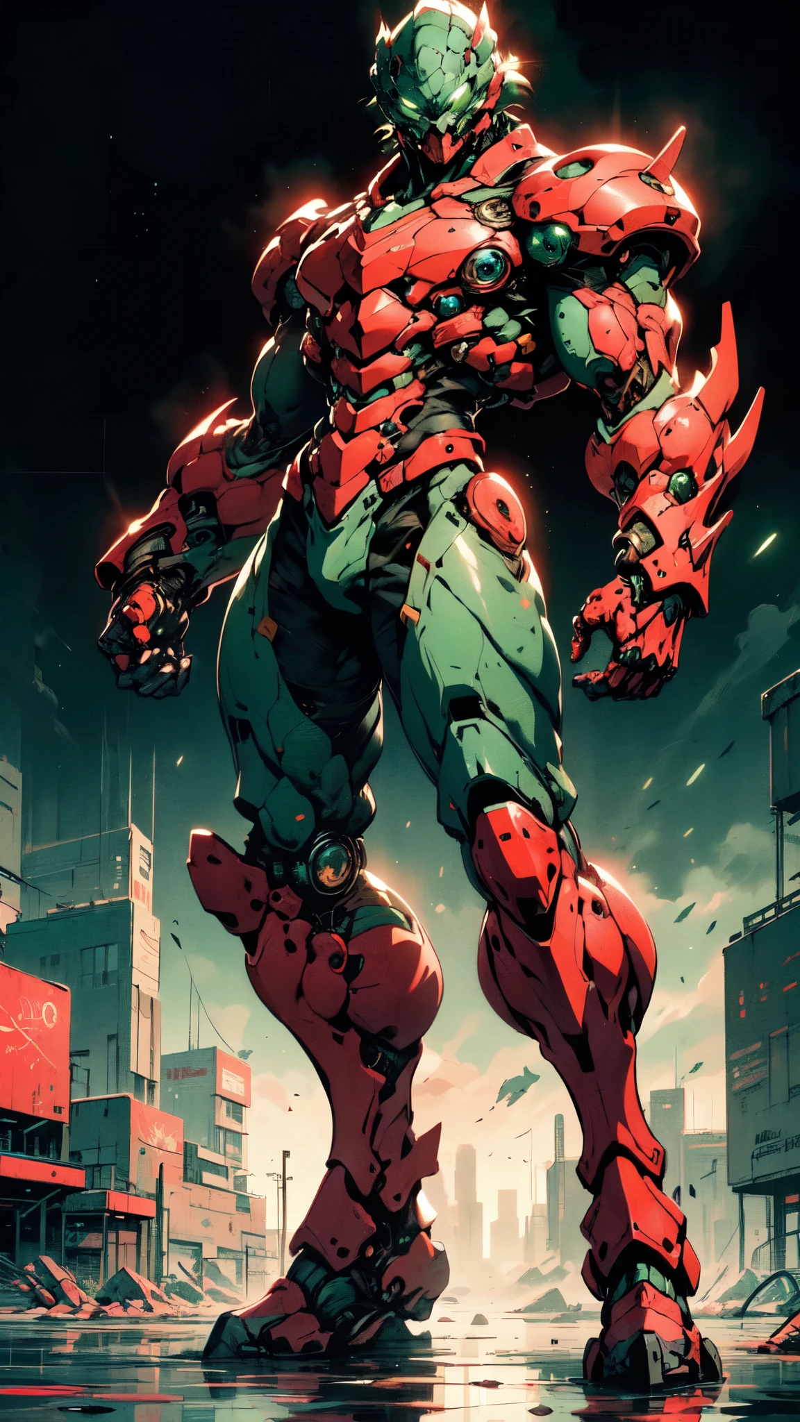 (masterpiece:1.5, best quality:1.5, extremely delicate:1.5), ((male:1.5)), Biomimetic humanoid Mecha, green eyes, fully enclosed shoulder guards, matching arm and leg guards, gemstone, full body, full armor, the design balances heavy with agility, organic biotech armor, (the color scheme is primarily Red with Green and White accents, concept Inspired by Lion, glowing eyes, the armor glows), standing, floating high above the futuristic sci-fi city, exquisite and mature art style, metallic, dramatic, high definition, highres, ultra-detailed, ultra-fine painting, professional, anatomically correct, symmetrical face, extremely detailed eyes and face, high quality eyes, creativity, RAW photo, UHD, 32k, Natural light, cinematic lighting, (masterpiece-anatomy-perfect:1.2)