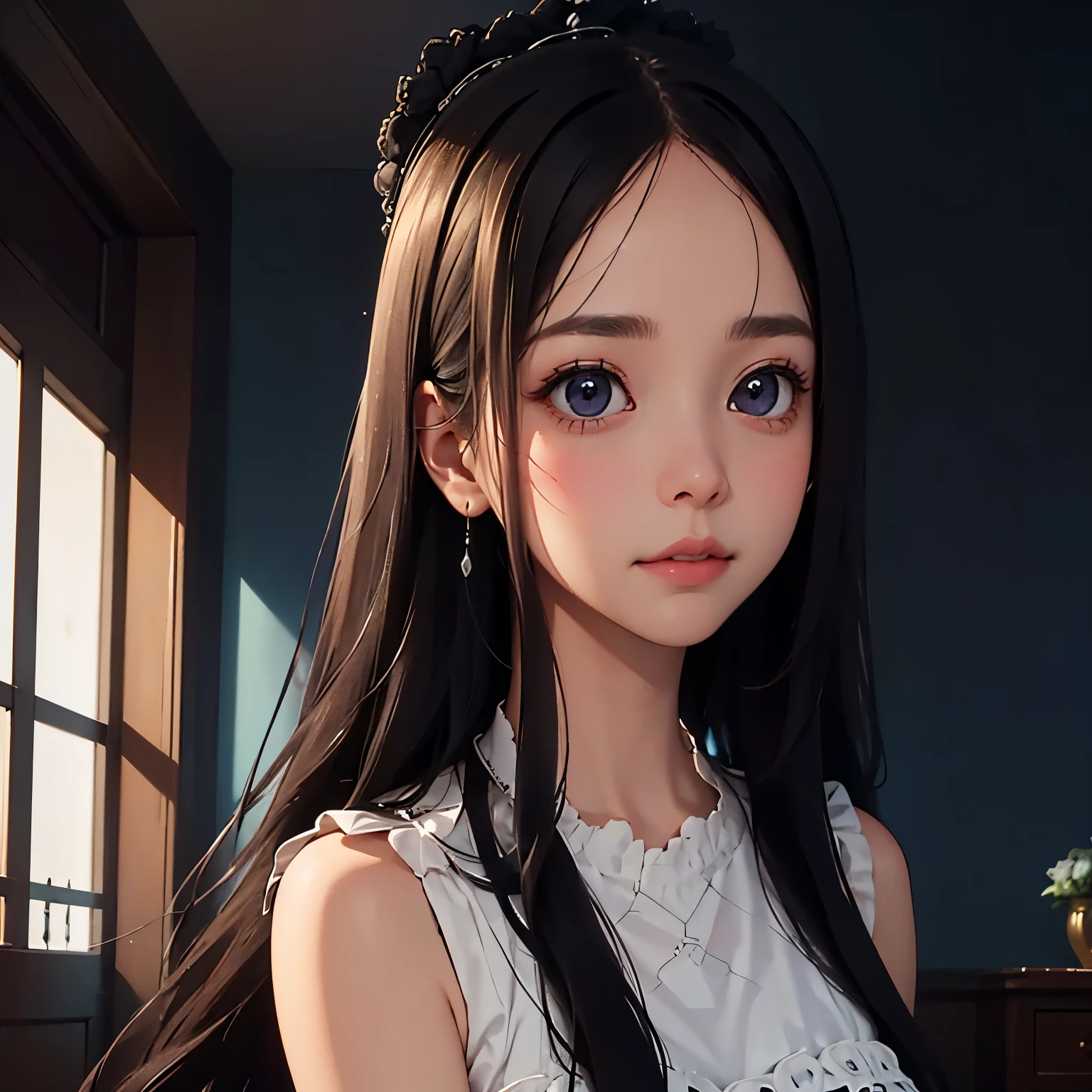 A slender woman with long, flowing black hair, standing at 160 cm tall, weighing 45 kg, with a petite chest. Her eyes are a soft, pale blue, giving her a mysterious and ethereal aura. She is depicted in a dreamlike, surreal setting with ethereal lighting. Her delicate features are finely detailed, and her expression is serene. The colors are soft, blending blues, purples, and silvery tones to enhance the fantastical atmosphere. The image is rendered in ultra-high quality, capturing every fine detail with stunning clarity