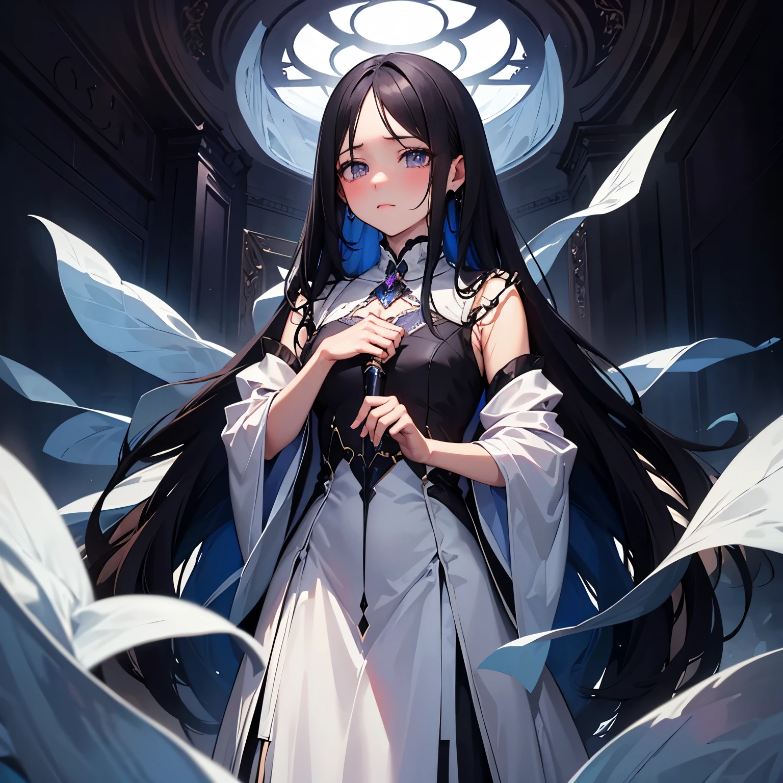 A slender woman with long, flowing black hair, standing at 160 cm tall, weighing 45 kg, with a petite chest. Her eyes are a soft, pale blue, giving her a mysterious and ethereal aura. She is depicted in a dreamlike, surreal setting with ethereal lighting. Her delicate features are finely detailed, and her expression is serene. The colors are soft, blending blues, purples, and silvery tones to enhance the fantastical atmosphere. The image is rendered in ultra-high quality, capturing every fine detail with stunning clarity