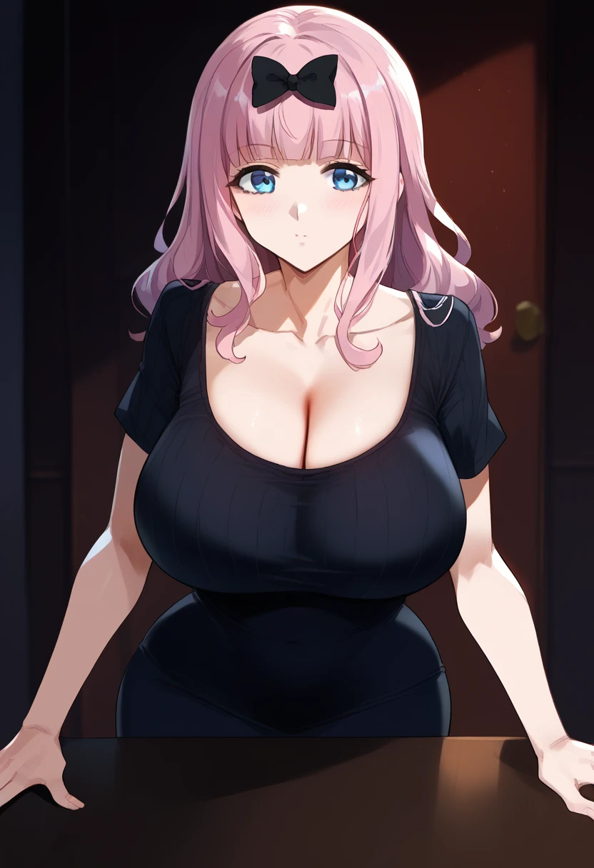 score_9, score_6_up, source_anime, 1girl, alone, , cowboy shot, chika, blue eyes, pink hair, hair bow, black bow,, ((huge breasts:1.5、huge boobs that push up clothes ))、 black camisole simple dress over round neck short sleeve grey ribbed t-shirt、Are standing、From the side、 upper body、