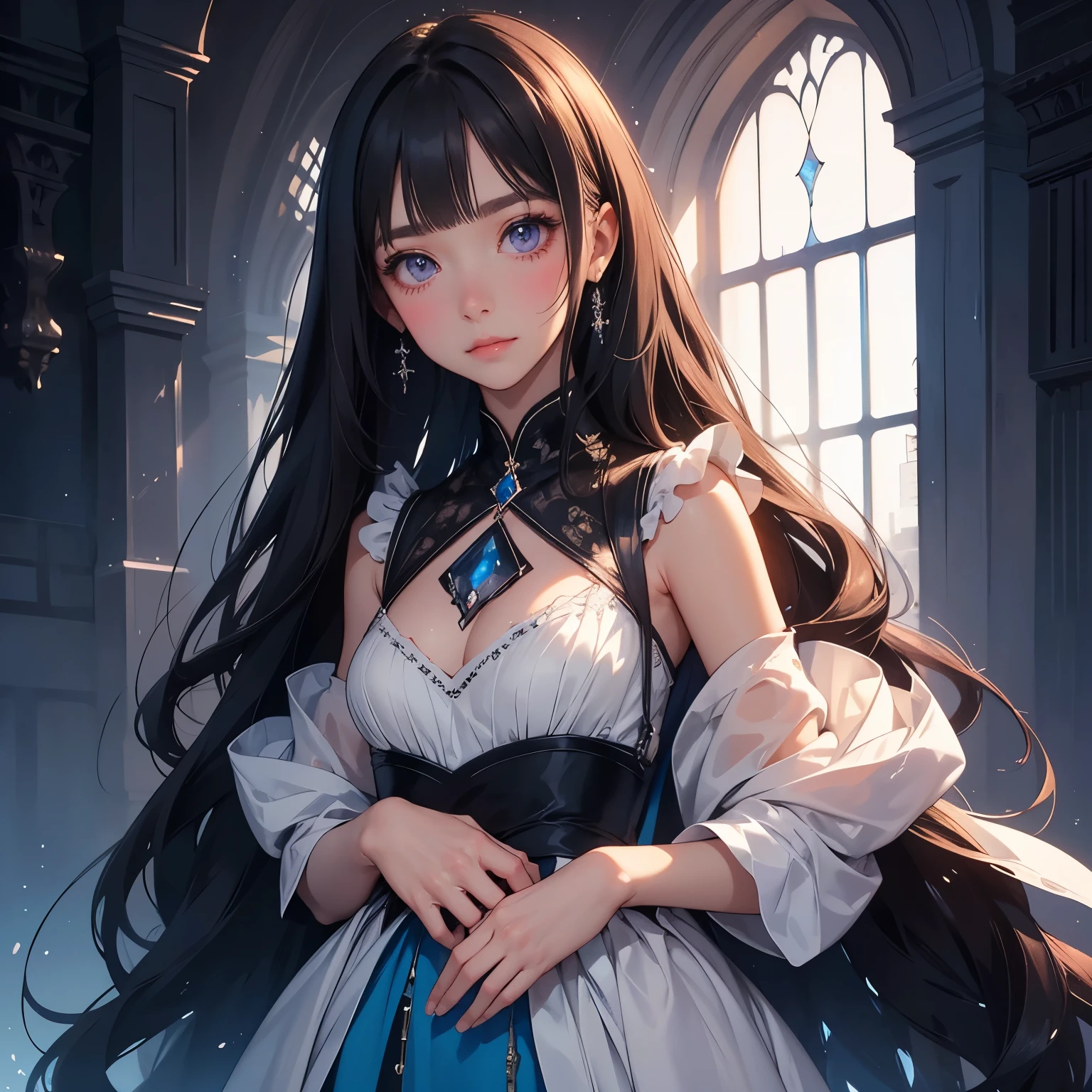 A slender woman with long, flowing black hair, standing at 160 cm tall, weighing 45 kg, with a petite chest. Her eyes are a soft, pale blue, giving her a mysterious and ethereal aura. She is depicted in a dreamlike, surreal setting with ethereal lighting. Her delicate features are finely detailed, and her expression is serene. The colors are soft, blending blues, purples, and silvery tones to enhance the fantastical atmosphere. The image is rendered in ultra-high quality, capturing every fine detail with stunning clarity