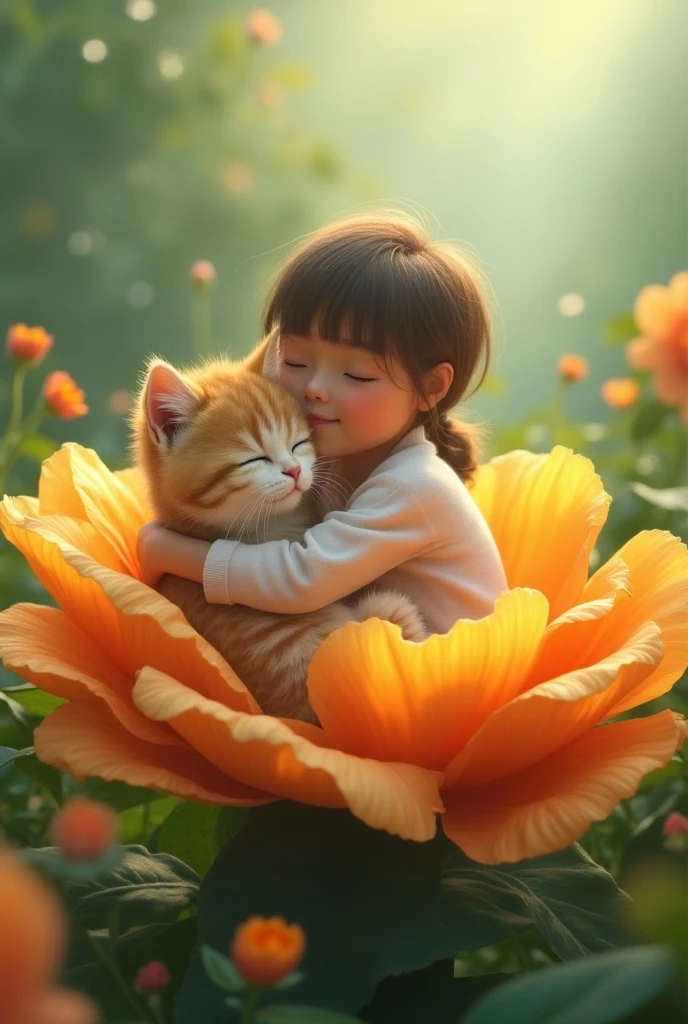 a kitten's dream, depicted as a dream bubble above a sleeping kitten, highly detailed, imaginative, dream style art, painting, cartoon, mystical, magical, inside the bubble is what the kitten is dreaming about, images of trees, flowers, milky, and vivid colors