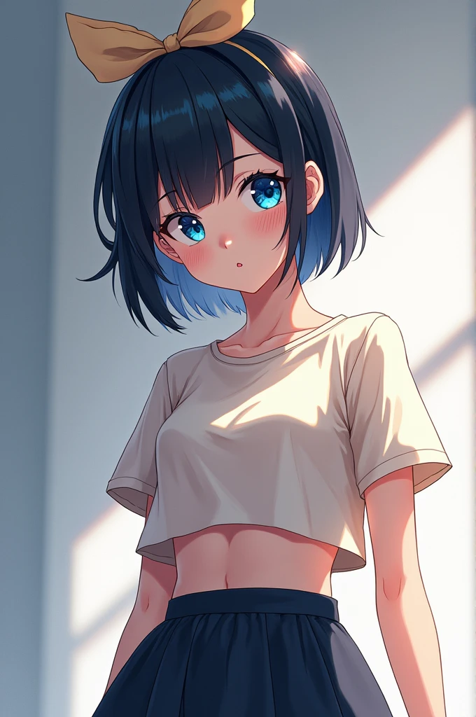 Highest quality,wonderful,finely,Highly detailed CG Unity 8k wallpaper, (1 Girl,Black Hair, blue eyes,short hair, Double Bang), (Small breasts:1.2), (Black T-shirt:1.1),  (clavicle:1.1), Shorts、Surprised expression、 ((Open your mouth in a round shape:1.2)), (zettai ryouiki:1.2),(narrow:1.2), (Are standing:1.2)、(((Solid white background)))、Facing the camera