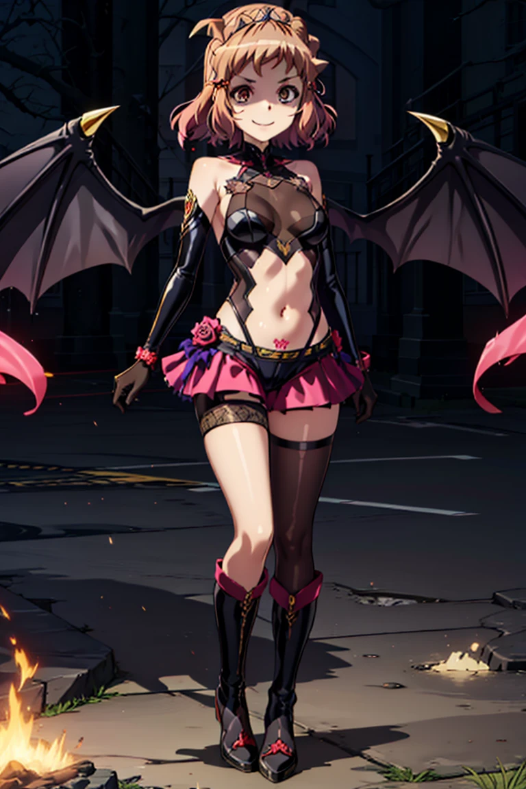 Happy Healing,  Rose Tail, Feather hair ornament, skirt, Tiara, Wrist cuff,  pink shorts, shorts under skirt, boots, corruption, Eyes from the air, Half-open eyes, 邪悪なsmile,  no students , クレイジーsmile,  Open your mouth , 1 girl,  mature women,, Dark Magical Girl,high quality,  very detailed,  perfect face, Staring, ((blackのフリル付きボディスーツ)), (Red frills), blackい翼のあるヘッドバンド, A seductive smile, Shiny latex,Sadistic smile,Malice,Contempt,smile,black,Perfect hands, perfect bodies ,Shiny latex肘まである手袋, perfect face,どこか狂ったようなsmileと力強いblackいオーラ,（Dark and scary atmosphere, gothic fashion, dark color）