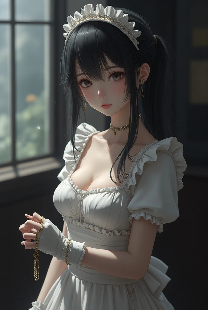 Master's work, a lovely 20-year-old Chinese girl, big eyes, orange lipstick, black hair, soft long hair ponytail, wearing a dress with blue and white porcelain elements, half picture, half photo, front photo, wooden wall background, hair all displayed, the overall classical style, exquisite and clear features, super realism + realism + HD + high-resolution, In the sunny bedroom, sacred movie edge lighting + volume light + surface light, depth of field + smoke, Hasselblad X2D 100C