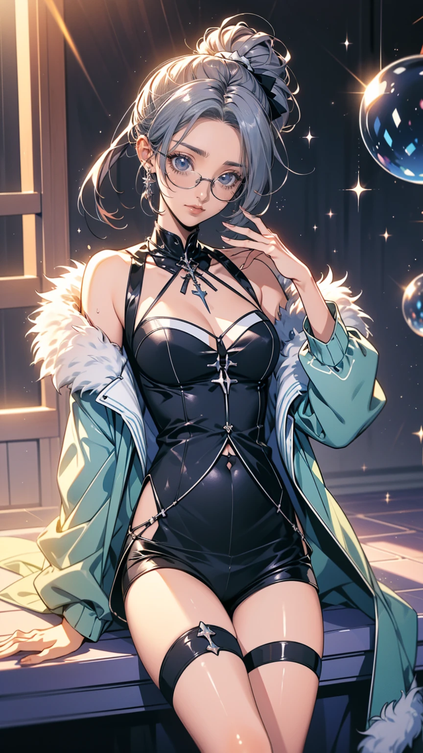  1 girl, Silver Wolf \(Honkai: Star Rail\), Honkai \(series\), black  shorts , Blowing bubbles, Chewing gum, Cross Buns, Drill Hair,  drill ponytail ,  earrings, Eyewear, Microcosm , fur-trimmed  jacket, Fur trim, goggles, Grey Hair, hair ribbon,  high ponytail , hologram,  jacket,  jewelry , Planet, ribbon,  shorts , Single Drill, Sitting, Alone,  thigh strap, tinted glasses, ( best quality:1.2), ( Is Extremely Beautiful :1.2), (Absurd:1.2), (safe:1.2), (  detail background ), maximum detailed eye, up to date,  complicated details, employment. repair,Beautiful Face,Special_eye,hologrameffect,Add XL,perfecteye
