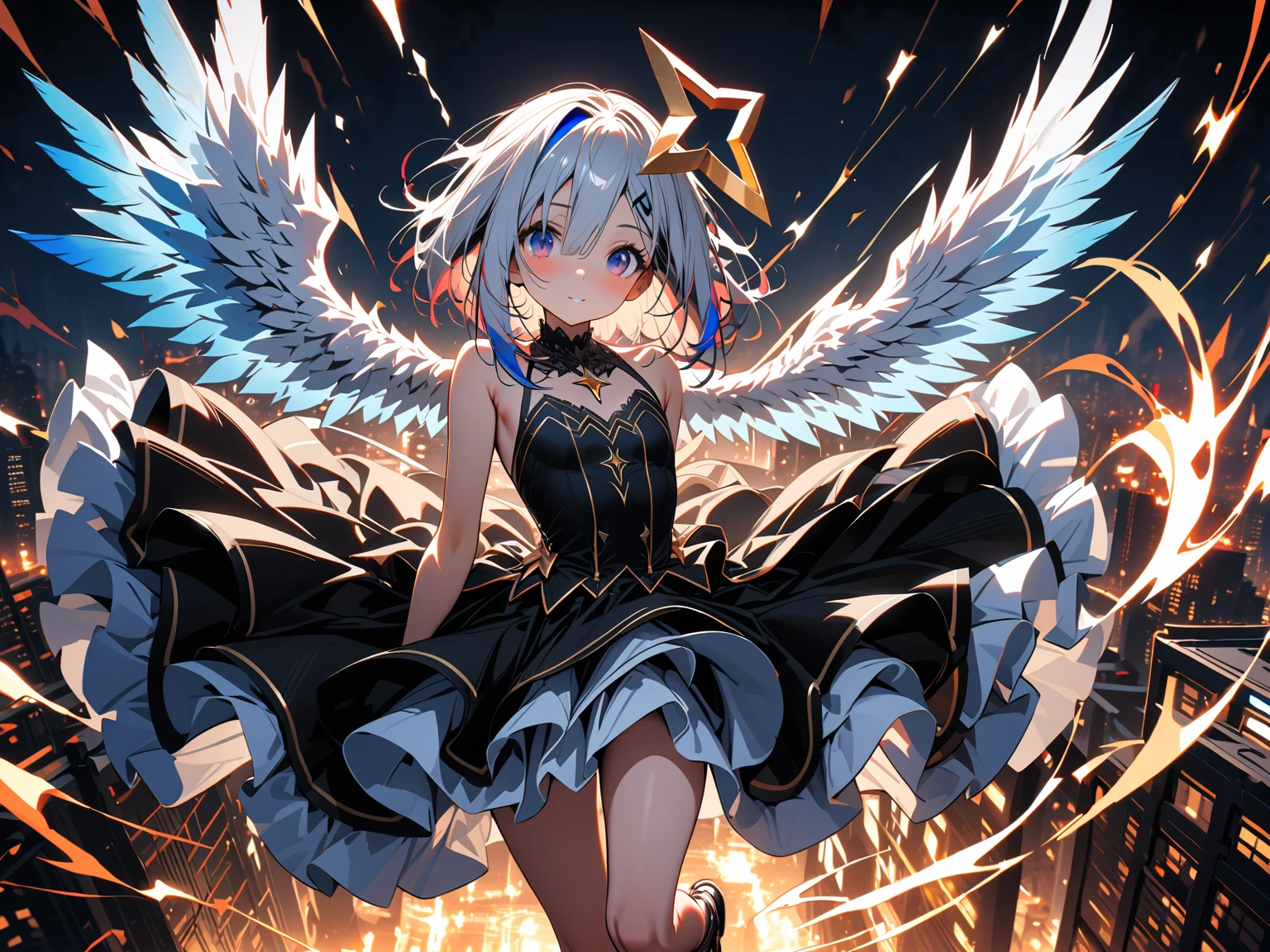 (1girl, (Amane Kanata:1.6), gradient hair, grey hair, blue hair, flat chest, Star Halo, star shaped angel ring, angel, (wing on back:1.4), (hololive)), nitz, ((Very detailed, Highest quality)), Attention to detail, (hyper extreme detailed), (Masterpiece), beautiful lighting, best quality, super fine, 16k, incredibly absurdres, extremely detailed, beautiful woman jumping between two skyscrapers, , gazing into the viewer, wearing gorgeous idol dress, captivating look, wind, wind-effect, moonlit night view, (Two extremely tall skyscrapers:1.3), (magnificent view:1.1) , clockpunk