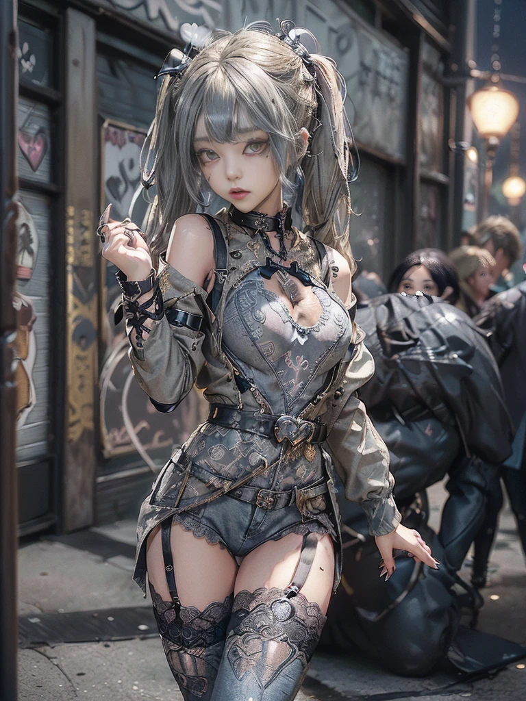 (Crouch:1.3)、(Full Body View:1.0)、(Look over your shoulder:1.3)、(Show off your beautiful ass:1.4)、(Smiling with teeth showing:1.3),(Shibuya Gal:1.5)、(Dark fantasy world:1.4)、(Neo-Goth Fashion:1.5)、(Punk RockVisual Kei:1.3)、(Futuristic black, navy and yellow bodysuit:1.5)、(A delicate denim and yellow cardigan:1.5)、(Gorgeous decorated corset:1.4)、(Red Garter Belt:1.5)、(Denim, yellow and navy cargo pants:1.3)、(Heart-shaped silver accessories:1.5)、(Brown Skin Belt:1.4)、(Blue High Heels:1.4)、(Lace underwear:1.4)、20-year-old、Browsing Caution,((Highest quality、In 8K、masterpiece:1.3))、Sharp focus:1.2、(Layered Cut、Huge breasts:1.1),Beautiful woman with perfect figure:1.4、(Dance vigorously:1.3)、Slim Abs:1.2、Butt、Highly detailed face and skin texture、Fine grain、double eyelid,(Twin tails:1.3)、(Brownish golden hair:1.3)、Obscene、Idol Sculpture、(The background is a cityscape of a fantasy world:1.3)、(Slimming your legs:1.4)、(The body is slim:1.3)、(clavicle:1.1)