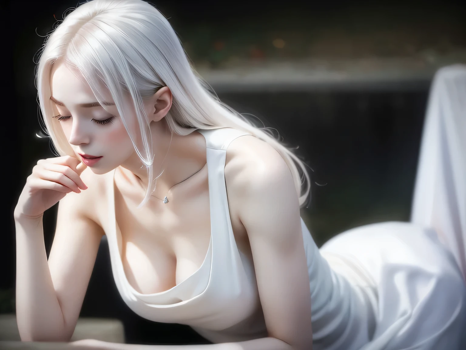beautiful girl with angelic face, elegant white long dress, long floating white hair, pale skin, closed eyes, pale thin lips, big breast, fingers touching lips, soft lighting, goddess atmosphere, simple light luminous black background (best quality,4k,8k,highres,masterpiece:1.2),ultra-detailed,(realistic,photorealistic,photo-realistic:1.37),intricate details,porcelain skin,ethereal,serene,dreamlike,luminous,radiant,heavenly,divine,sexy