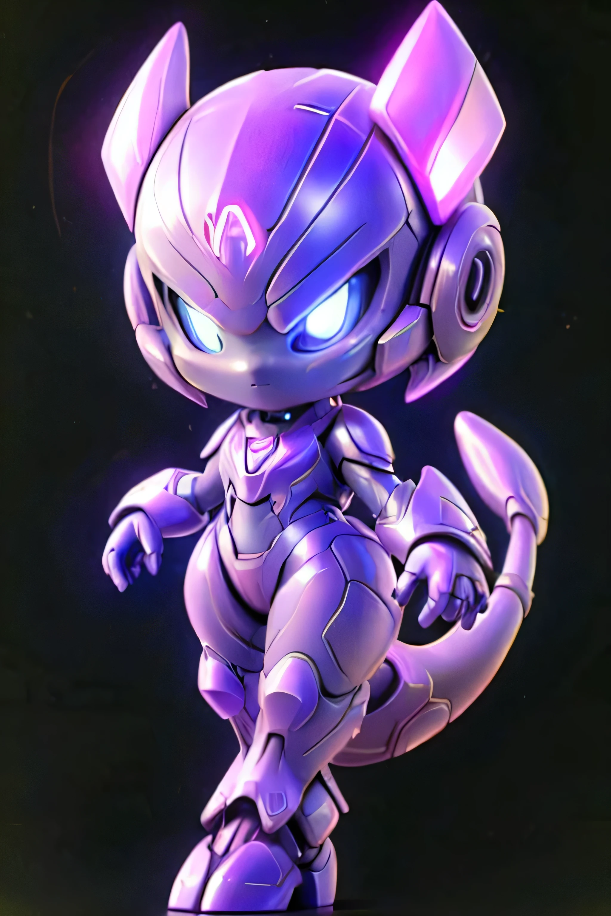 guchen,,chibi, blue eyes,,glowing,Sci-Fi,Neon Lights,Hyper Real,Photorealistic,16K,high detail,high resolution, ((pink armor)), mew design, ((pink skin)), mystical design, circular smooth design, pink tail, simple background, feminine armor, slim legs, 