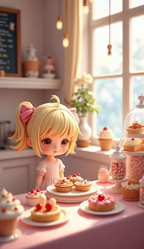 finest image, Fresh cheesecake with brandy caramel sauce in front of the little girl, A happy smile, Sunbeams filtering through the trees, room, professional lighting