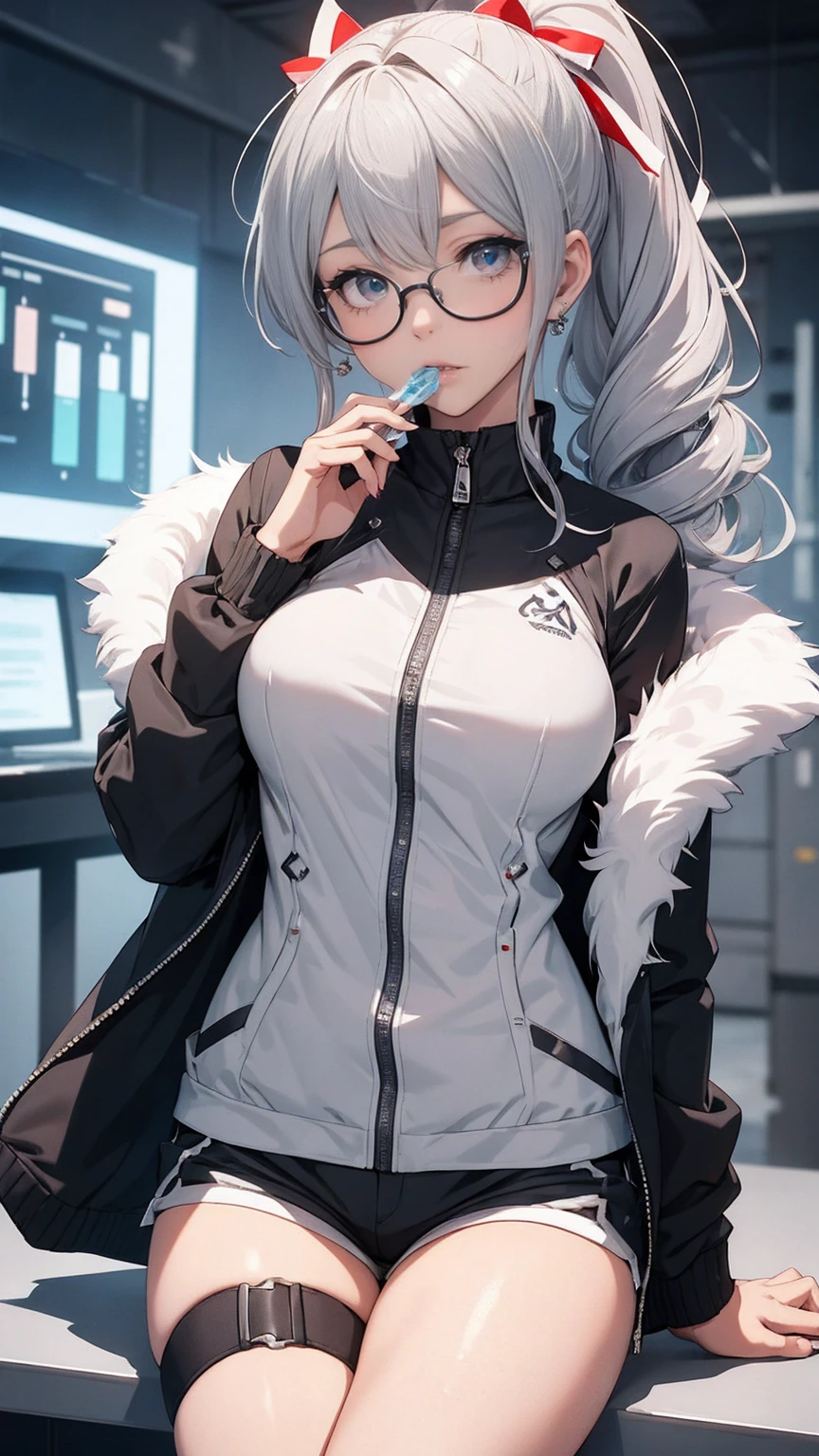  1 girl, Silver Wolf \(Honkai: Star Rail\), Honkai \(series\), black  shorts , Blowing bubbles, Chewing gum, Cross Buns, Drill Hair,  drill ponytail ,  earrings, Eyewear, Microcosm , fur-trimmed  jacket, Fur trim, goggles, Grey Hair, hair ribbon,  high ponytail , hologram,  jacket,  jewelry , Planet, ribbon,  shorts , Single Drill, Sitting, Alone,  thigh strap, tinted glasses, ( best quality:1.2), ( Is Extremely Beautiful :1.2), (Absurd:1.2), (safe:1.2), (  detail background ), maximum detailed eye, up to date,  complicated details, employment. repair,Beautiful Face,Special_eye,hologrameffect,Add XL,perfecteye
