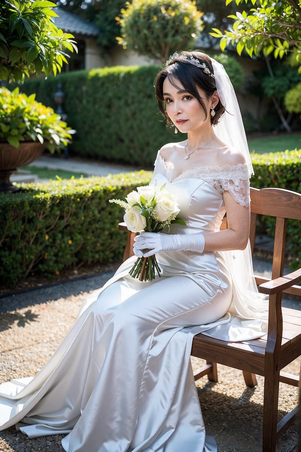 ((Masterpiece)), ((Best Quality)), A middle-aged short-hair woman, ((She is wearing an ornamental wedding dress)), She is in a garden, she is wearing a necklace, She is wearing white gloves on her hands, from side, black eyes