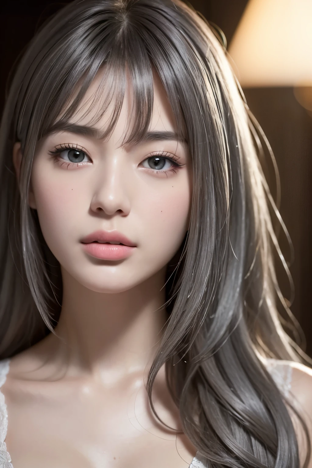 ((wallpaper 8k)), ((Surreal)), ((Quality in every detail:1.2)), 1 girl, 14talent、Kind eyes、Fuller lips、Grey Hair、Malaise、(((Small breasts、Small breasts)))、black elegant dress,Black capelet, look up, Widespread poverty, Shortcuts、Shorthair Twin Tails、Grey Hair:1.5、White skin、