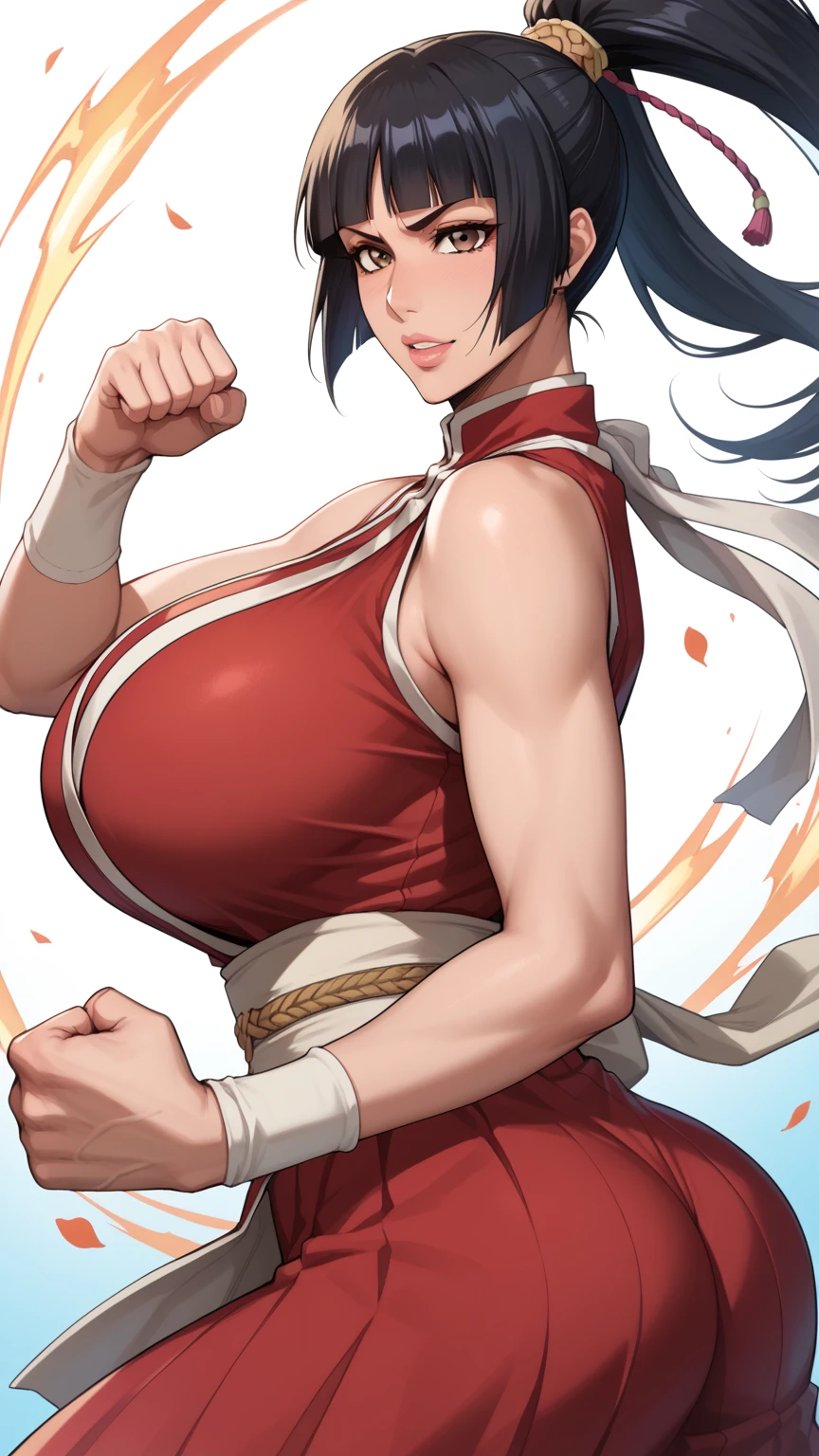 score_9, score_8_up, score_7_up, source_anime, yaoyorozumomo, yaoyorozu momo, long hair, bangs, black hair, ponytail, black eyes, high ponytail, wide ponytail, shouting, fighting stance, navel, cleavage, bare shoulders, belt, leotard, bare arms, center opening, red leotard, beltskirt, outdoors, cityscape, looking at viewer, upper body, huge breasts,S2Z0n1c21.5XL style, solo, girl, girl、Blushing cheeks、shyly smile、optic、large full breasts、hair pin、a necklace、piercings、Crawling on all fours on the bed、depth of fields、lickling lips、Tongue licking、Glossy reddish-brown shorthair、Black eyes、clavicle、Beautiful fingers、Hourglass body, Big breasts, large breasts, nipples shot,