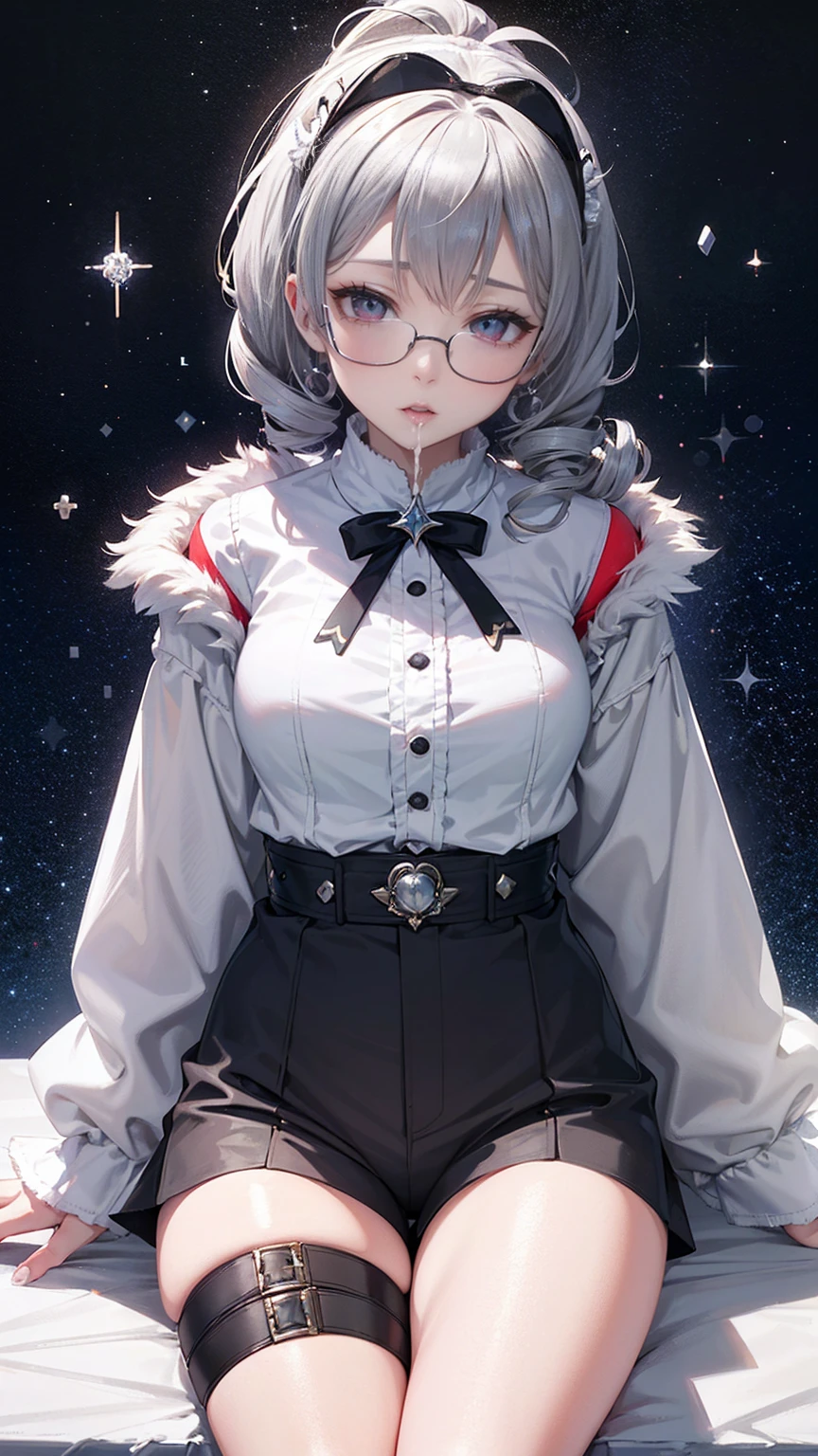  1 girl, Silver Wolf \(Honkai: Star Rail\), Honkai \(series\), black  shorts , Blowing bubbles, Chewing gum, Cross Buns, Drill Hair,  drill ponytail ,  earrings, Eyewear, Microcosm , fur-trimmed  jacket, Fur trim, goggles, Grey Hair, hair ribbon,  high ponytail , hologram,  jacket,  jewelry , Planet, ribbon,  shorts , Single Drill, Sitting, Alone,  thigh strap, tinted glasses, ( best quality:1.2), ( Is Extremely Beautiful :1.2), (Absurd:1.2), (safe:1.2), (  detail background ), maximum detailed eye, up to date,  complicated details, employment. repair,Beautiful Face,Special_eye,hologrameffect,Add XL,perfecteye
