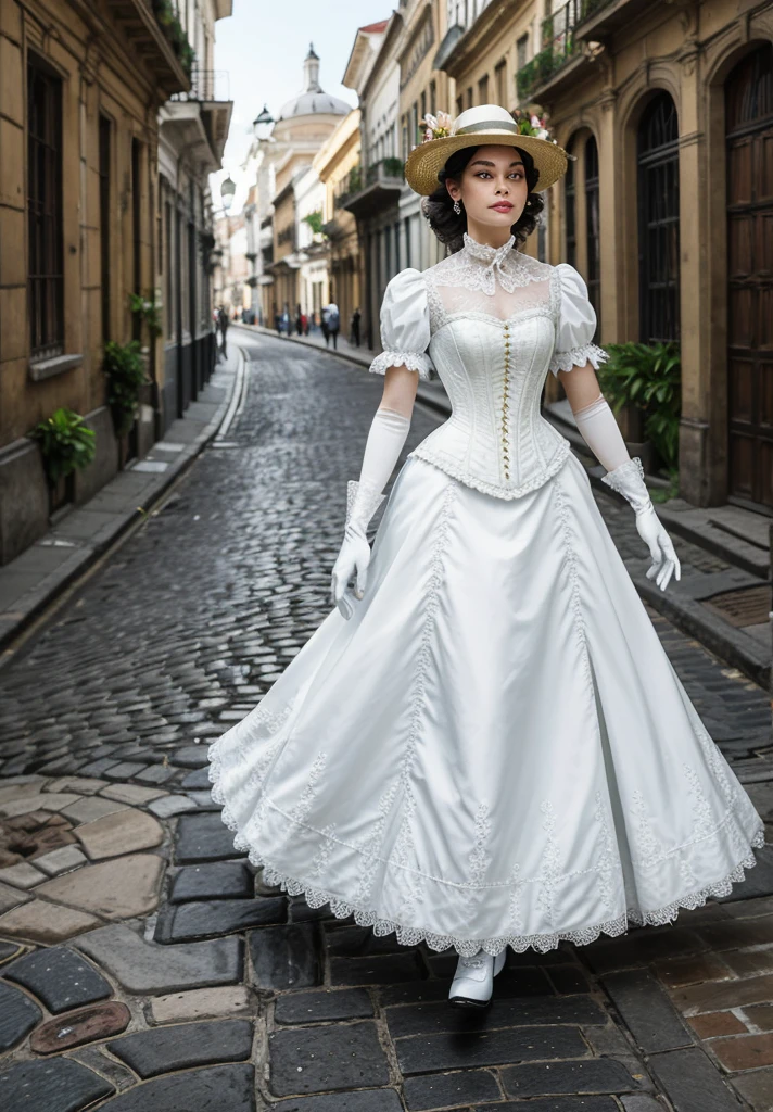 A highly detailed and ultra-realistic image of a Brazilian woman from the Victorian era walking down the street. She is wearing fine and elegant clothing typical of the time: a beautifully tailored long dress with intricate lace, a corset, gloves, and a hat adorned with feathers or flowers. Her posture is graceful as she walks along a cobblestone street, surrounded by vintage buildings with tropical and classical Victorian architectural elements, reflecting both Brazilian and European influences."
