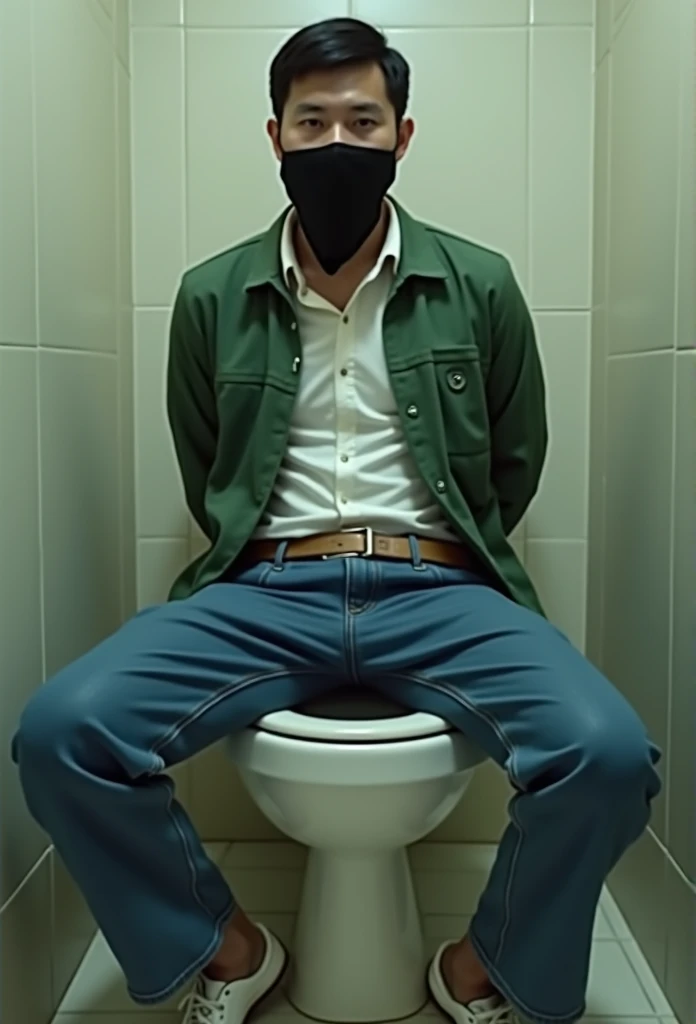 Human toilet gets pissed on by cocks, male genitalia, everyone naked, in dirty bathroom, chains, urine on body, piss streams, gay, watersports, golden shower, muscular slave