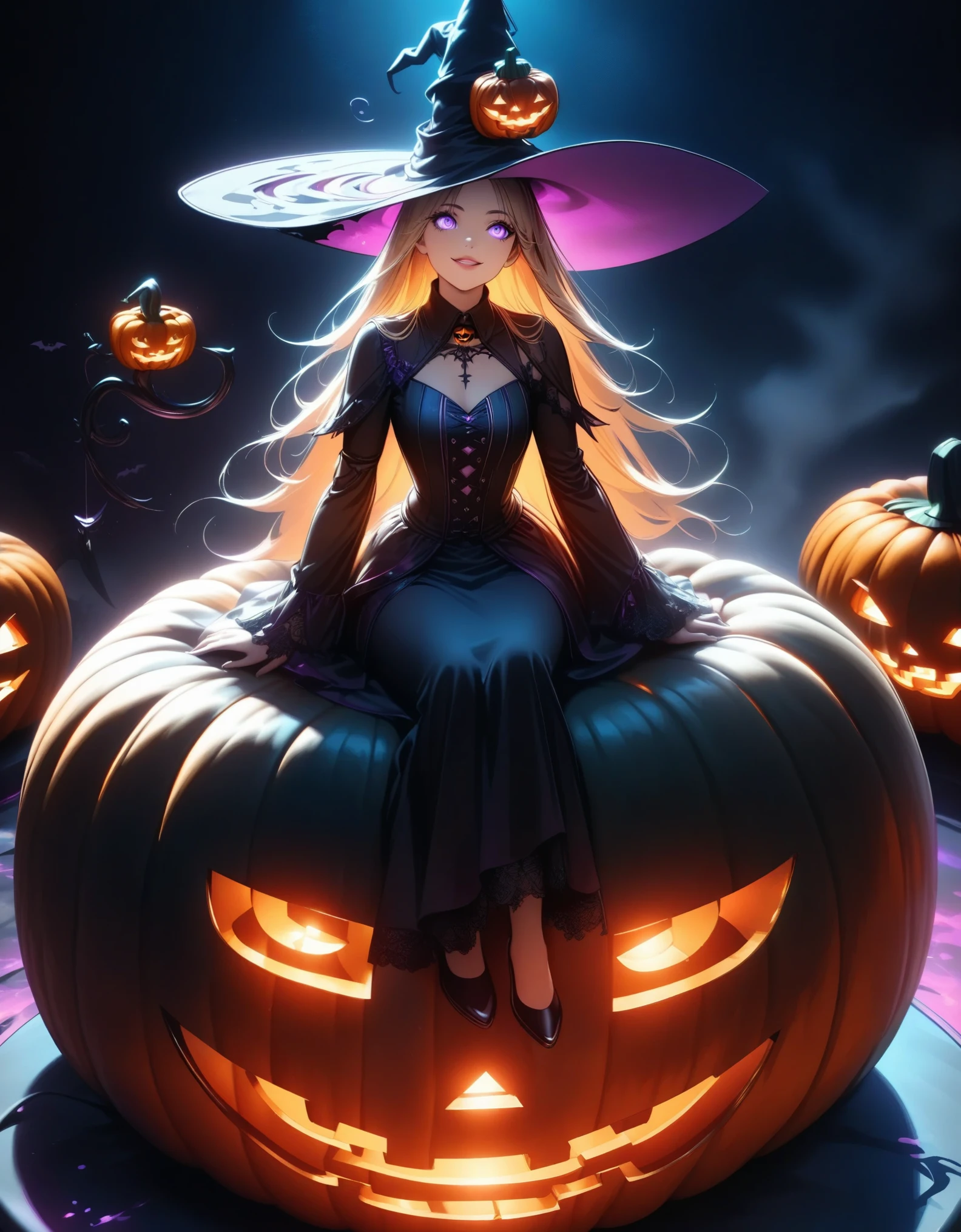 Halloween Witch,  beautiful gothic witch , ((Detailed face:1.1, Detailed eyes,  Beautiful Detailed Lips , Beautiful Skin)), Long blonde hair, Bright smile, Looking up, Witch Hat,  black gothic dress ,  neon color magic effect:1.2,  mystical aura of magic , Dark moody lighting, dramatic fog , (( Halloween pumpkin object , Sit on an object :1.6)), Dark forest background, (Best Quality:1.2,  very detailed,  super high definition,  high contrast , masterpiece:1.2, Best aesthetics),  dark fantasy art , Cinematic lighting, Dramatic Shadows,  moody color palette , orange and purple tones