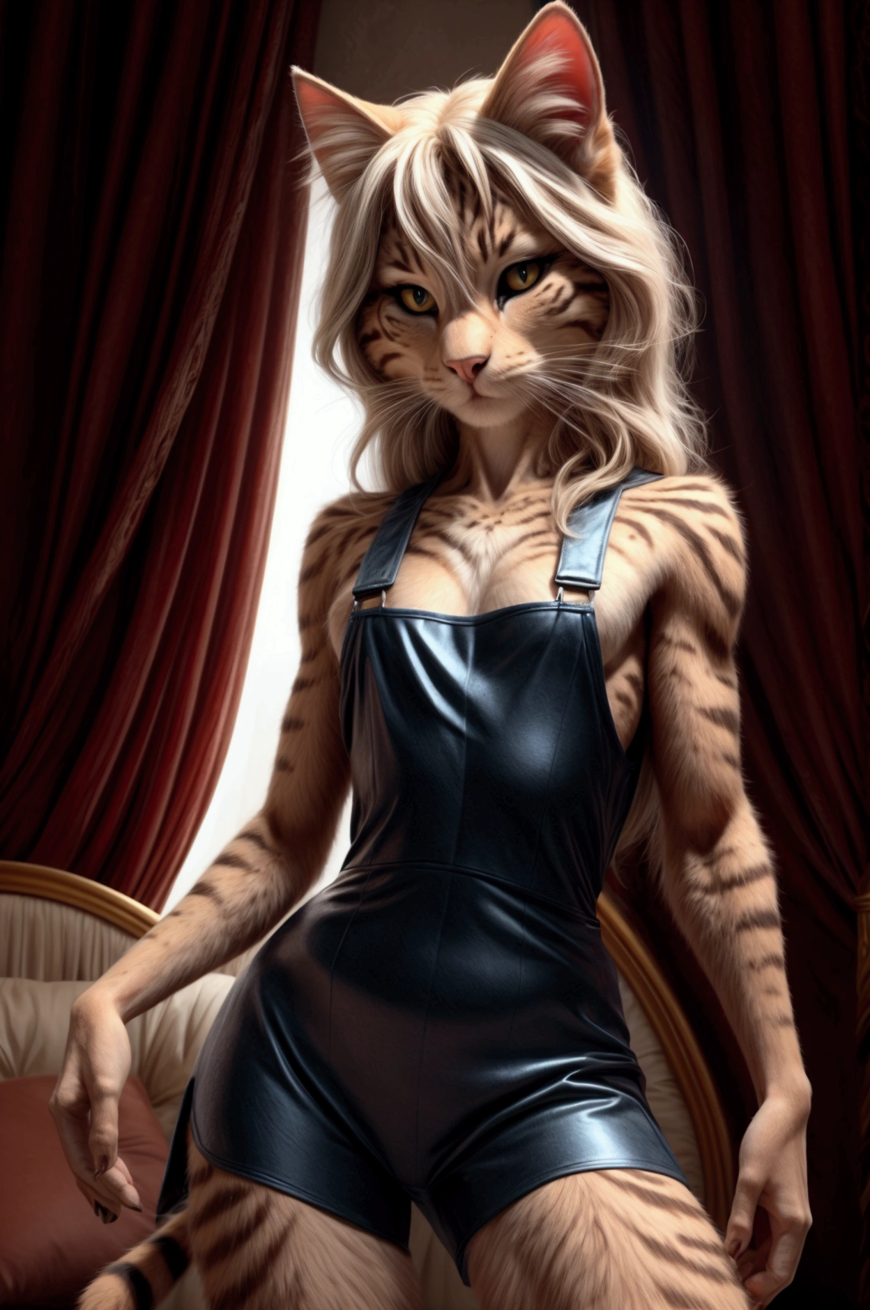 A humanoid feline creature with an elegant, sexy body covered in rough, textured cat-like fur. She has a humanoid face with sharp, attractive features and a seductive gaze, combined with feline grace. Hegure is athletic yet sensual, with human-like arms and legs, bu posture is fierce and elegant. The overall design mixes feline ferocity with human sensuality, creating an imposing and seductive presence, enhanced by its confidence and seduction.
