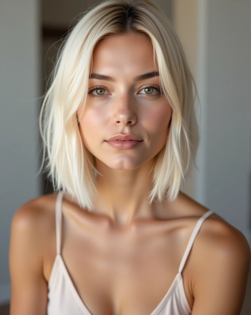 Nexia Portrait of a 22-year-old woman with short blonde hair featuring platinum highlights, longer in front and shorter in back, straight with a center part and a few wispy bangs. Hazel eyes, delicate nose, and perfectly shaped lips. Smooth chin without a dimple, long neck. Medium shot showing her slender, tall figure with small natural breasts and narrow hips. Long legs visible if full body is shown. Neutral expression with a hint of confidence. Wearing stylish, form-fitting casual attire. Soft, natural lighting enhancing her features. High-detail 8k resolution, professional photography style. Neutral background.