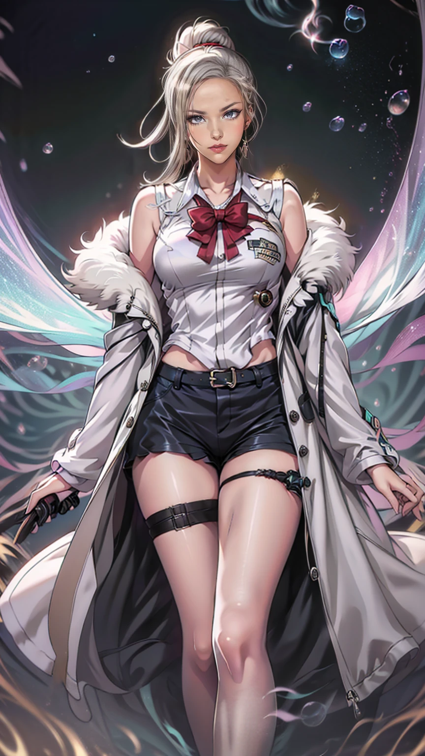  1 girl, Silver Wolf \(Honkai: Star Rail\), Honkai \(series\), black  shorts , Blowing bubbles, Chewing gum, Cross Buns, Drill Hair,  drill ponytail ,  earrings, Eyewear, Microcosm , fur-trimmed  jacket, Fur trim, goggles, Grey Hair, hair ribbon,  high ponytail , hologram,  jacket,  jewelry , Planet, ribbon,  shorts , Single Drill, Sitting, Alone,  thigh strap, tinted glasses, ( best quality:1.2), ( Is Extremely Beautiful :1.2), (Absurd:1.2), (safe:1.2), (  detail background ), maximum detailed eye, up to date,  complicated details, employment. repair,Beautiful Face,Special_eye,hologrameffect,Add XL,perfecteye
