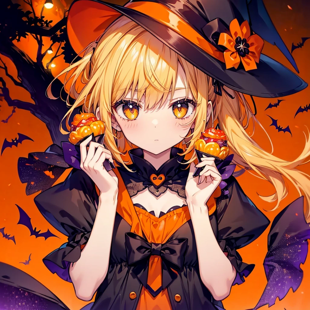 Halloween、 trick or treat、cute、Orange Neon、🎃、candy background、cute笑顔、Highest