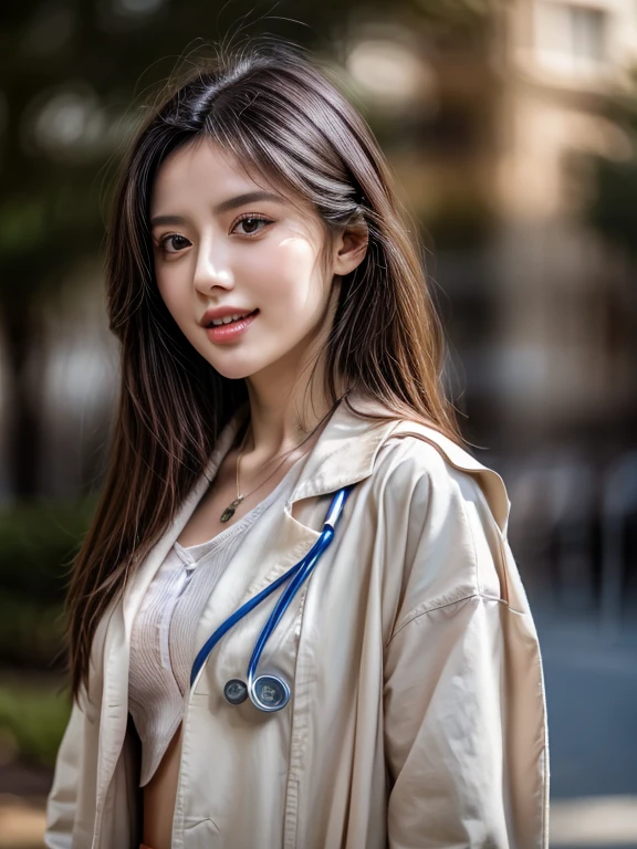 A beautiful female doctor, Russian Beauty, (1girl, solo, 23yo)、stunning、doctors white coat, Collared shirt、(top-quality、8K、32K、​masterpiece)、ultra high resolution, Raw photography, Beautiful hair, ((Doctor Style)), Black tight skirt、 Natural makeup, medium perky breasts、inside hospital, Detailed background, Perfect Lighting, depth of fields, Beautiful shadow gradient, stethoscope, Realism, Photo realistic, Masterpiece, high quality, (Full front shot), 8k