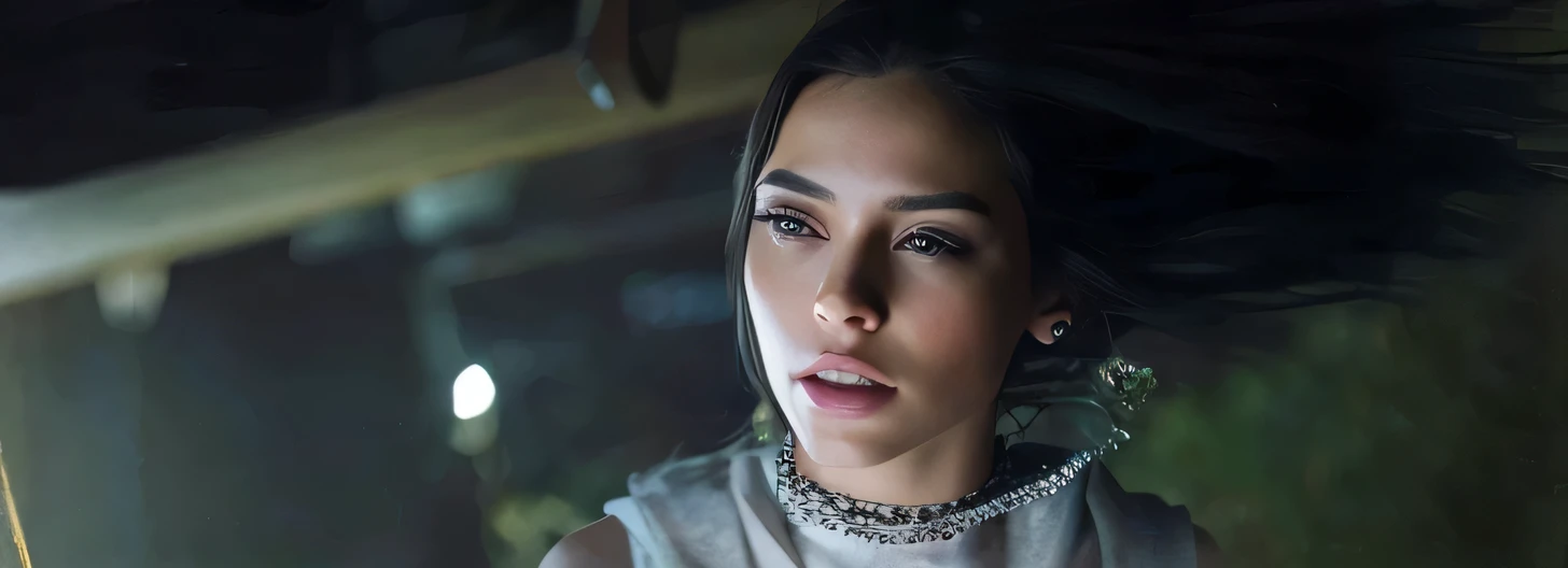Tuma 39-year-old woman sitting in the background in a futuristic city, High definition and 8k image